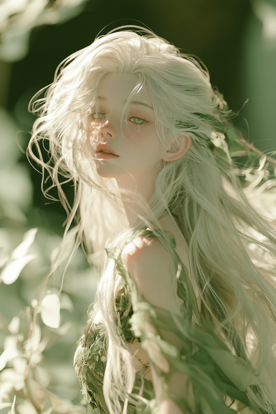 A high-fashion editorial portrait of an ethereal young wo...