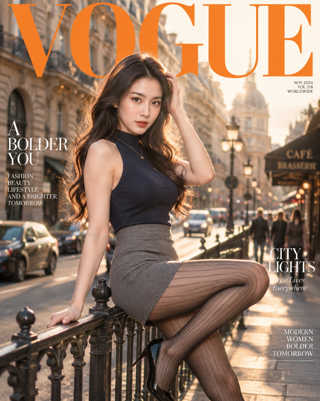 [UPLOAD YOUR IMAGE] 时尚杂志封面构图，中景人像，22-28岁东亚年轻女性，清冷御姐气质，凹凸有...
