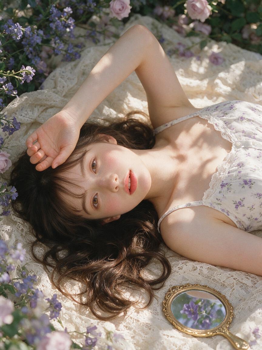 20代の成人女性。生成りのレース布に仰向け寄りに横たわる。頭は画面中央より左下、胴は右上へ伸び、人物の軸が画面を斜...