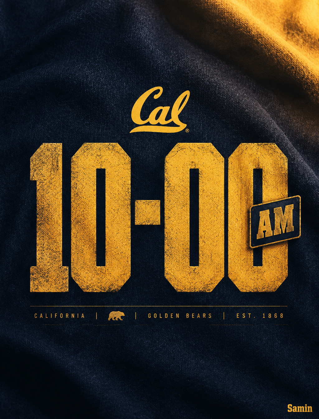 A bold collegiate sports poster centers on oversized gold...
