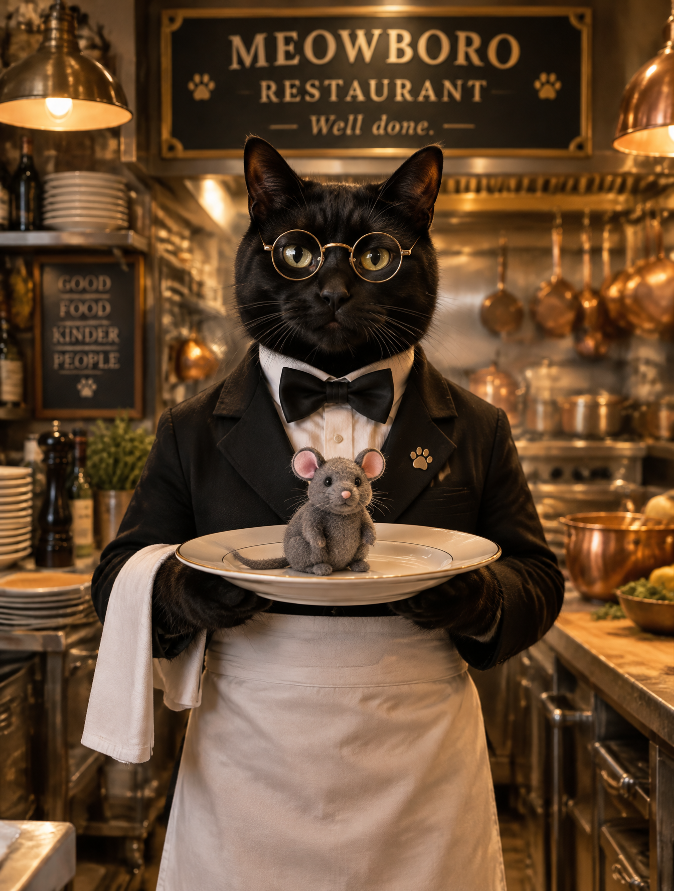 A polished black cat dressed as a formal maître d’ stands...