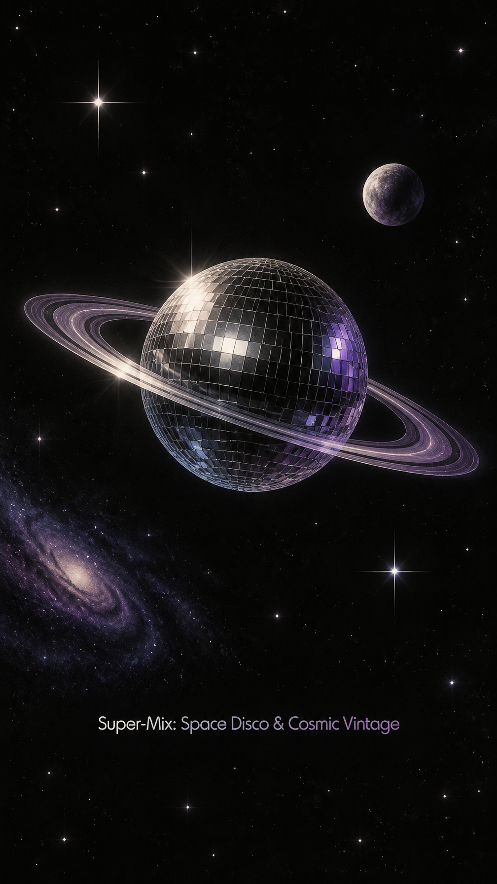 Crea una grafica dal gusto Space Disco e cosmic vintage, ...
