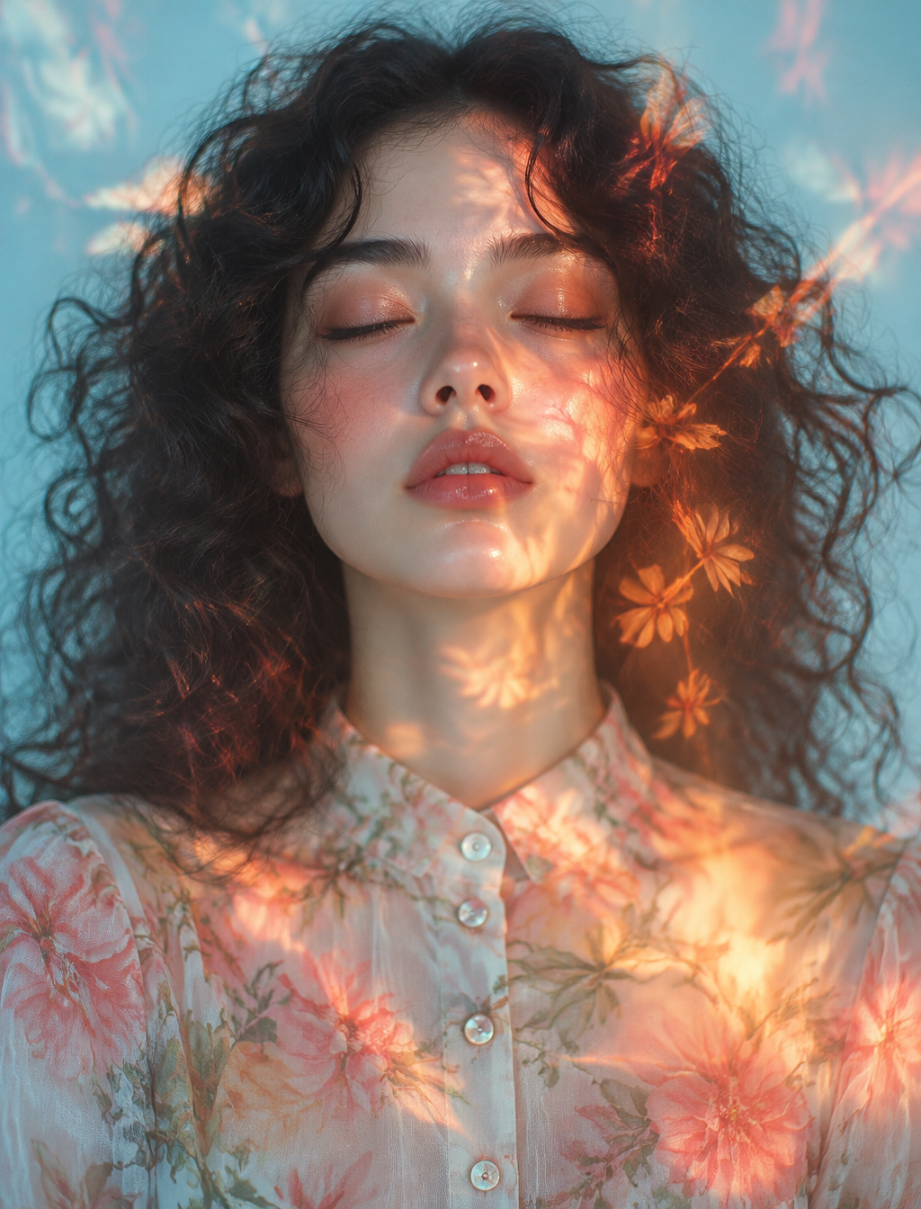 A young woman with closed eyes and softly parted lips fac...