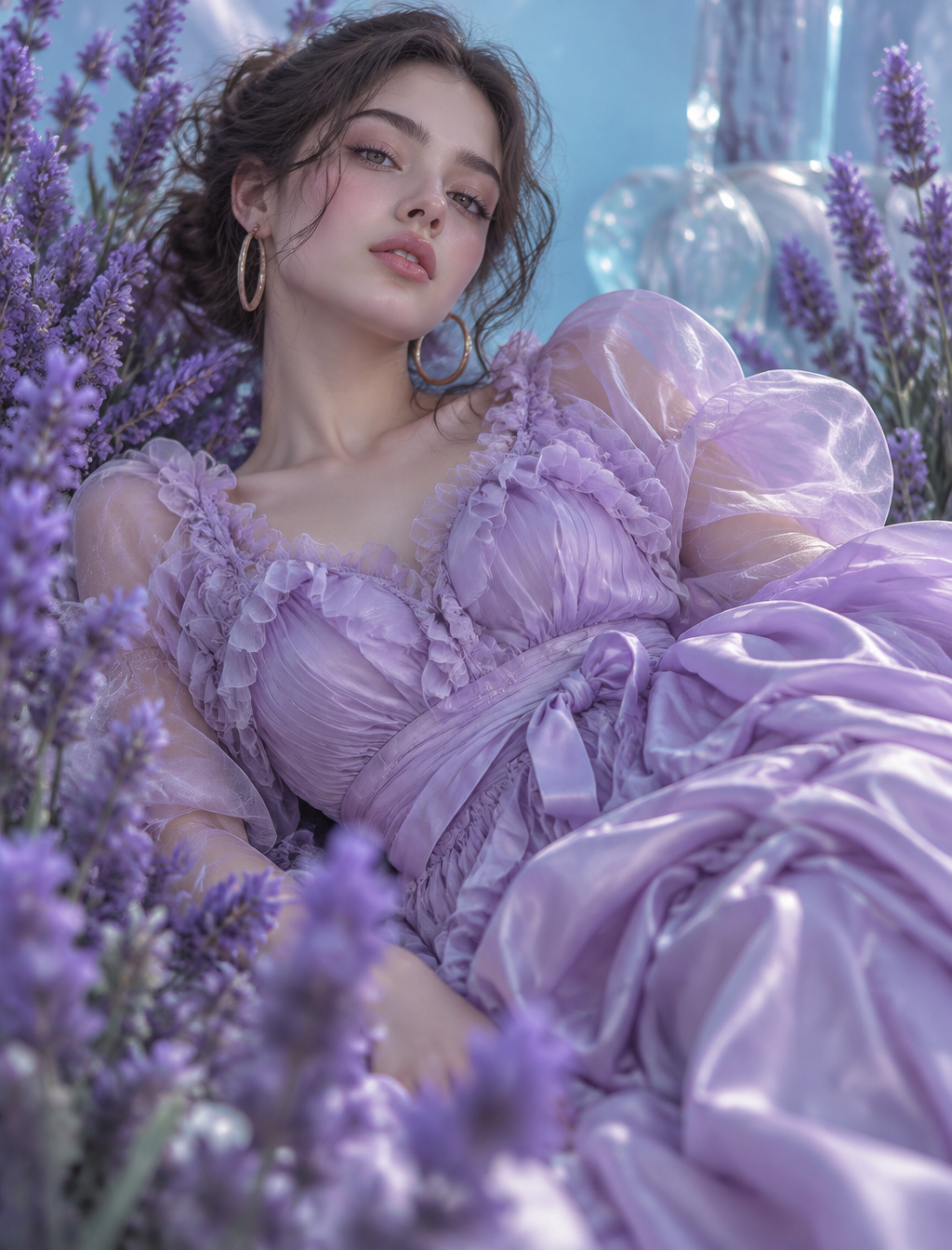 A young woman reclines among tall purple flower stalks, h...