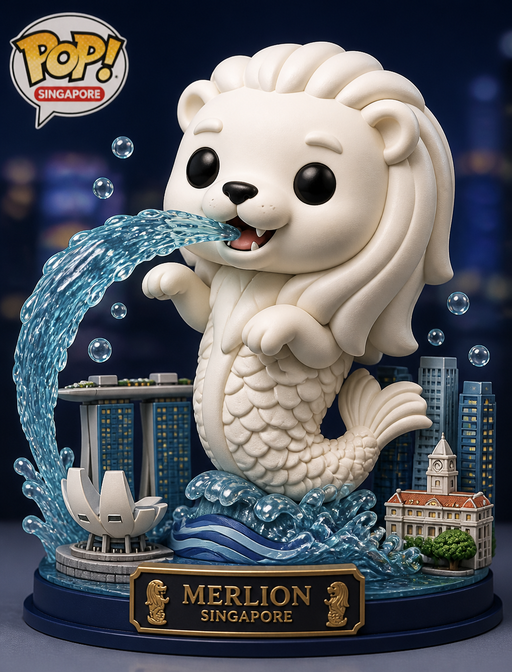 Create a stylized vinyl figure of the Merlion.Design a pl...