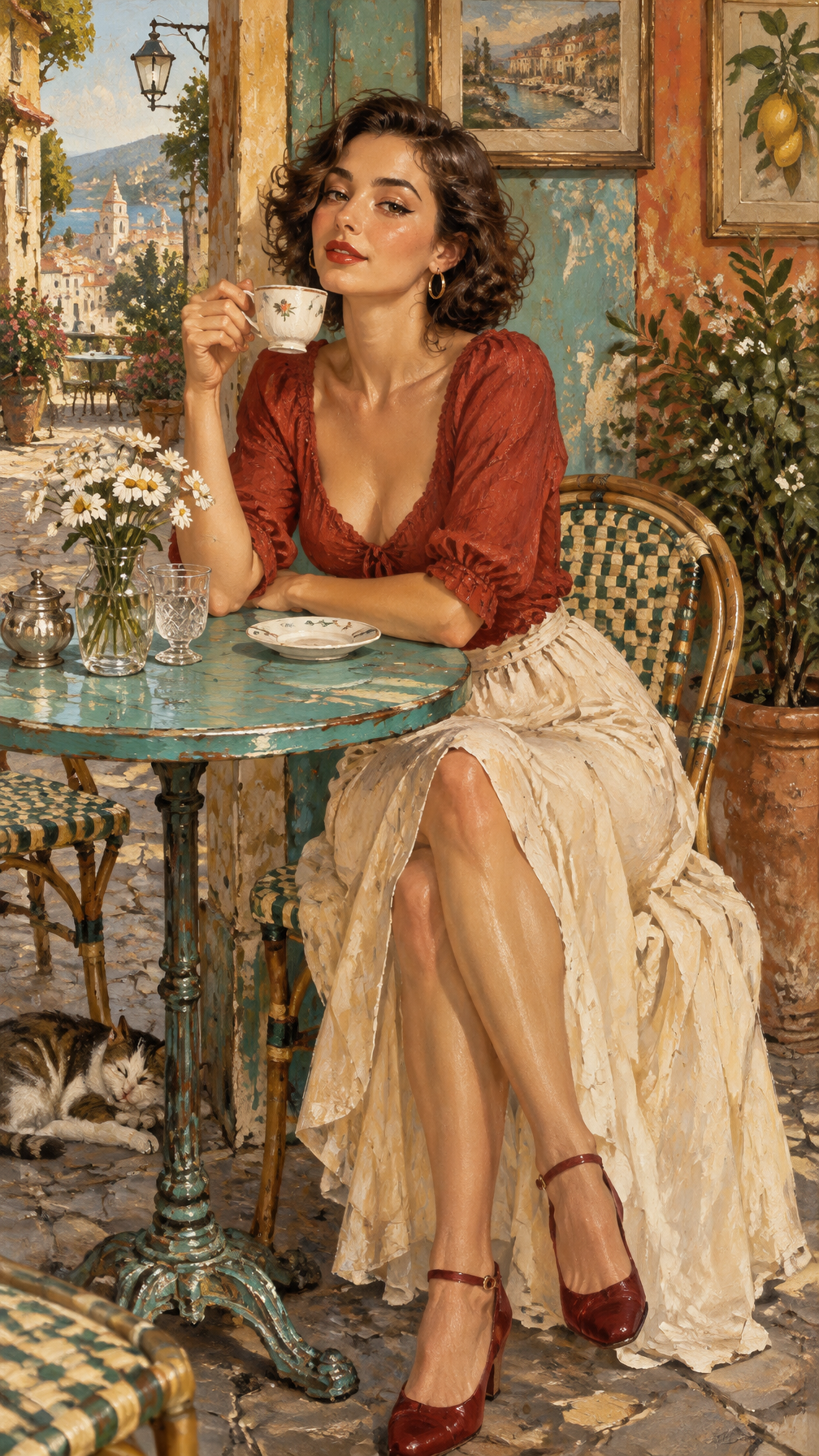 A beautiful young woman sitting at a small vintage Europe...
