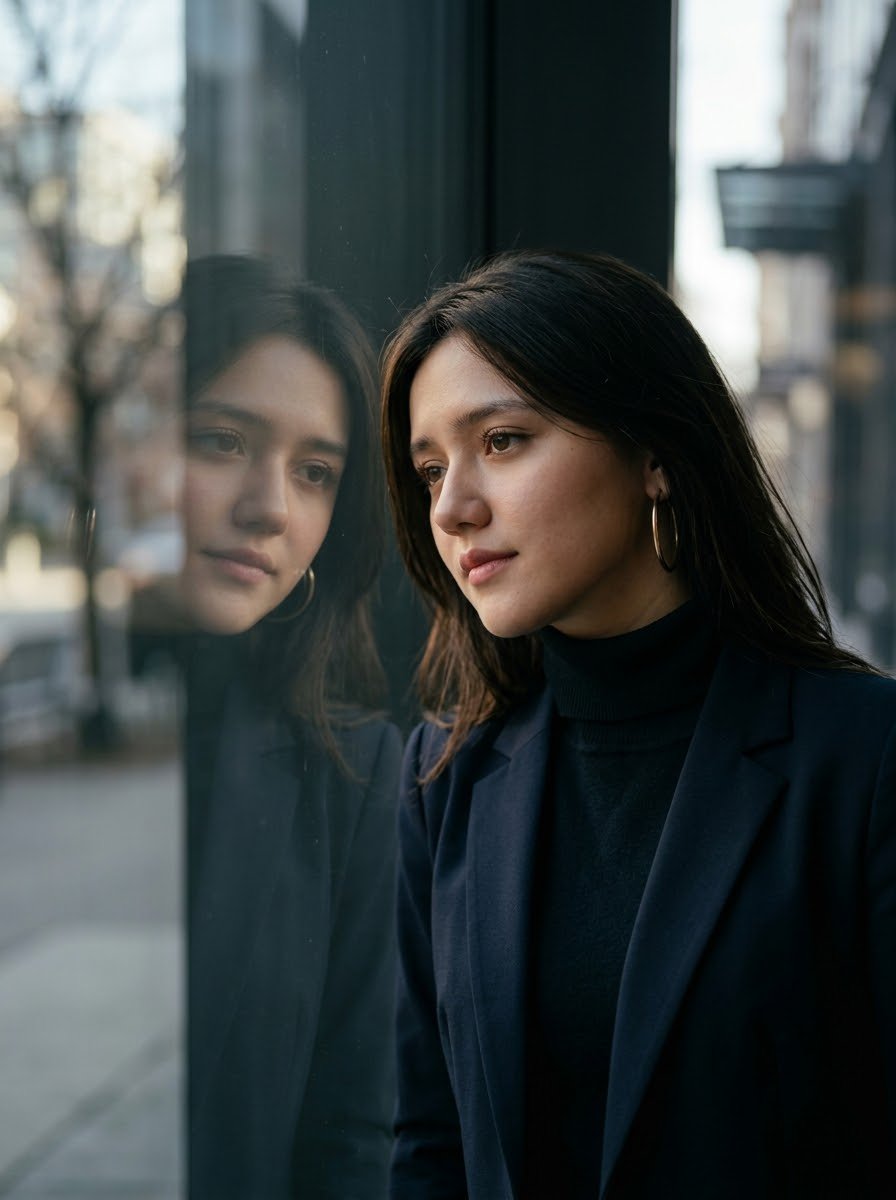 Create a cinematic close-up portrait of a stylish young w...