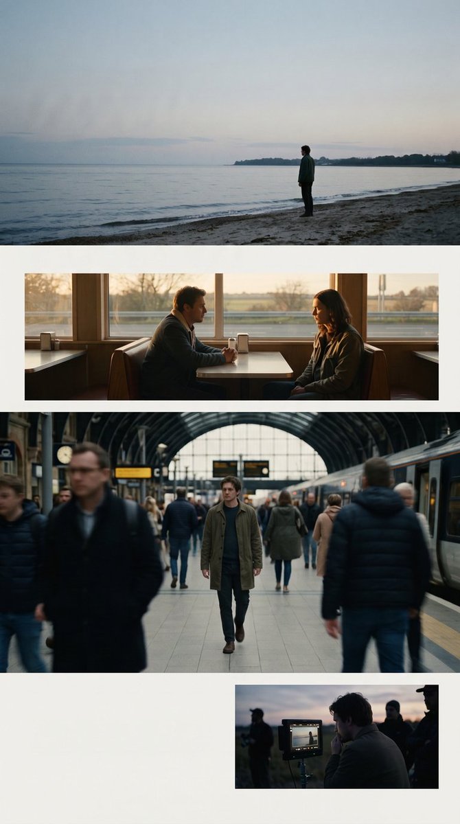 Create a cinematic film-storyboard contact sheet / visual...