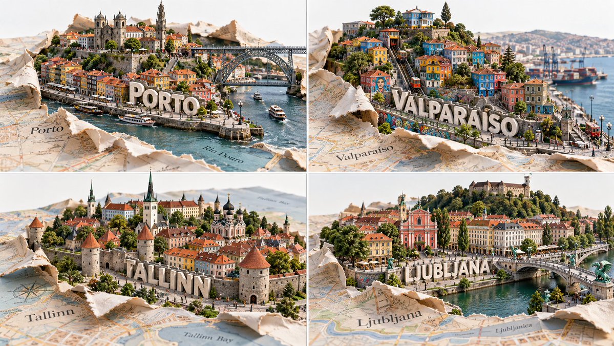 2x2 grid, 16:9, 4 underrated cities A = { paper map layer...