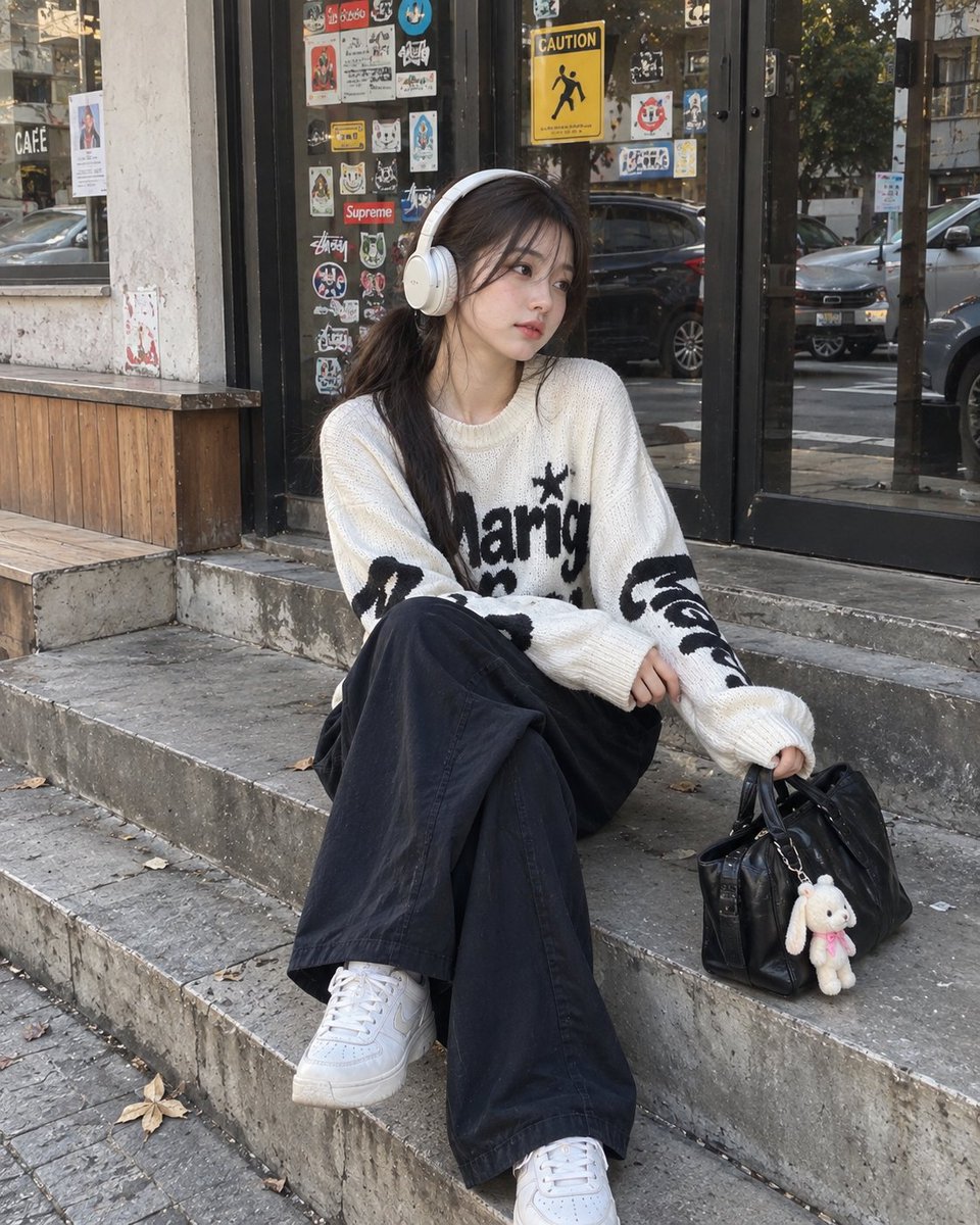 A photorealistic candid street-style portrait of a young ...