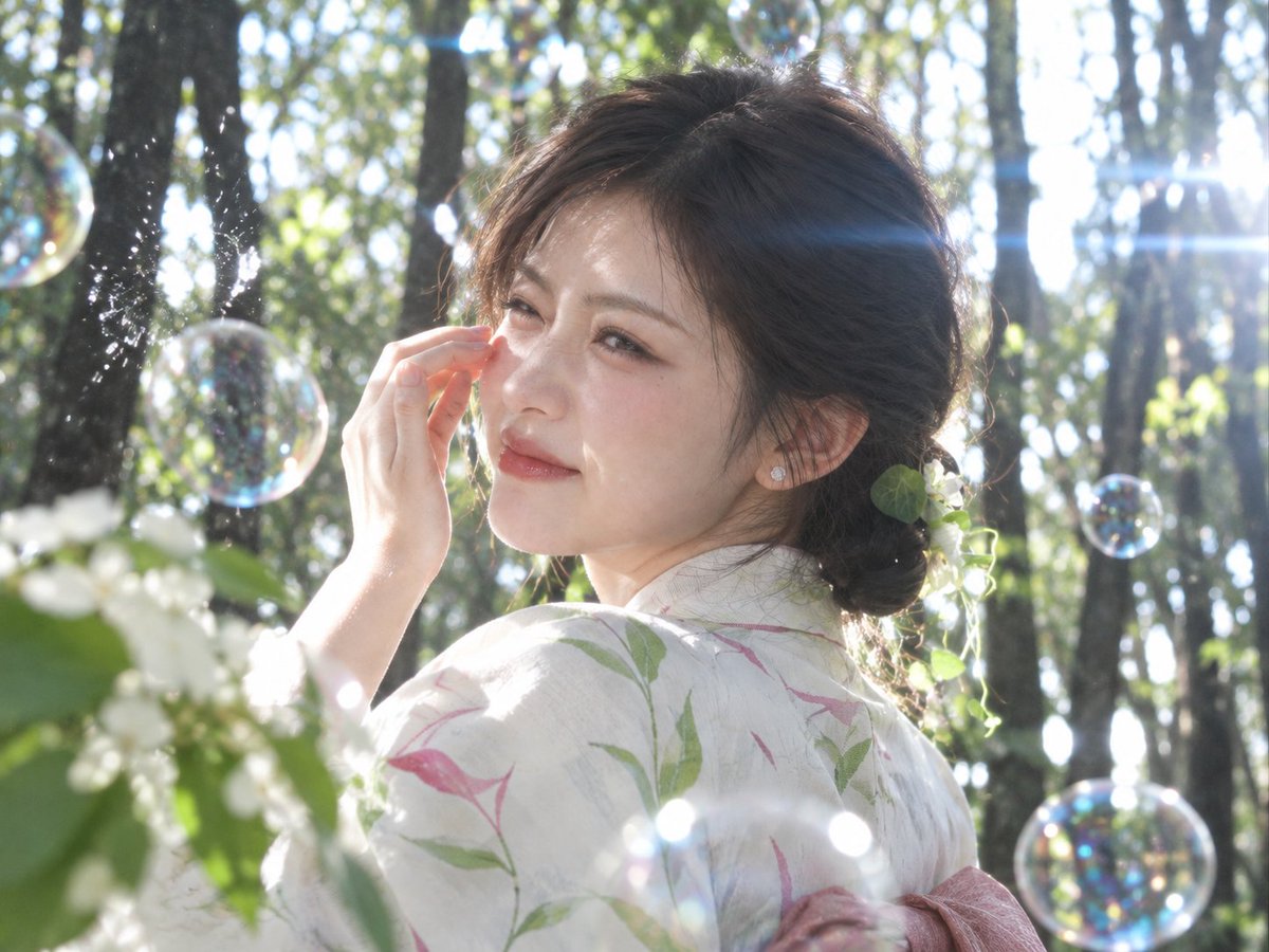 生成一张全新的单帧实拍风格照片。4:3 横幅，林荫花冰与泡泡的夏日私摄影。人物是输入图1的同一位成年女性，保留面部...