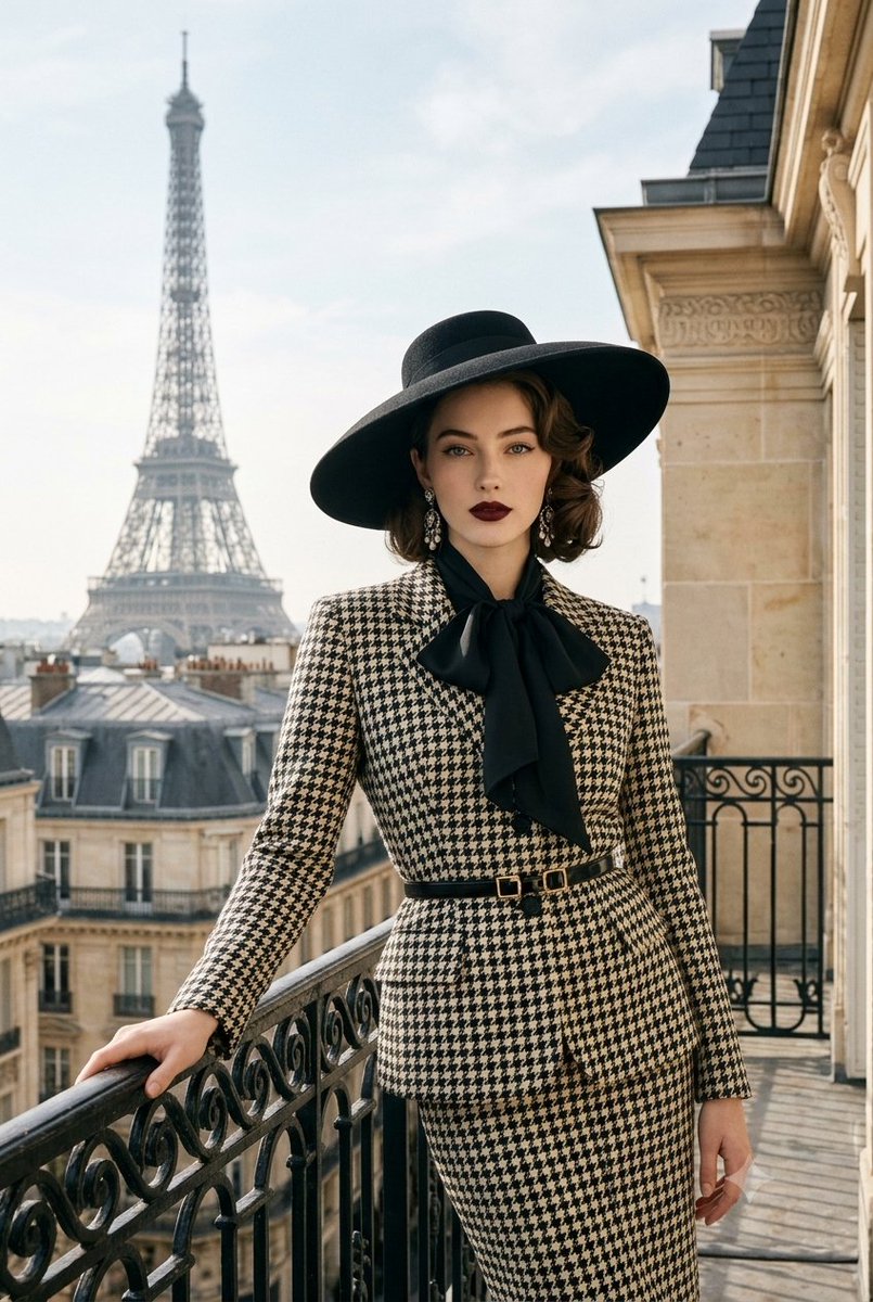 Luxury vintage Parisian fashion editorial, full-body vert...