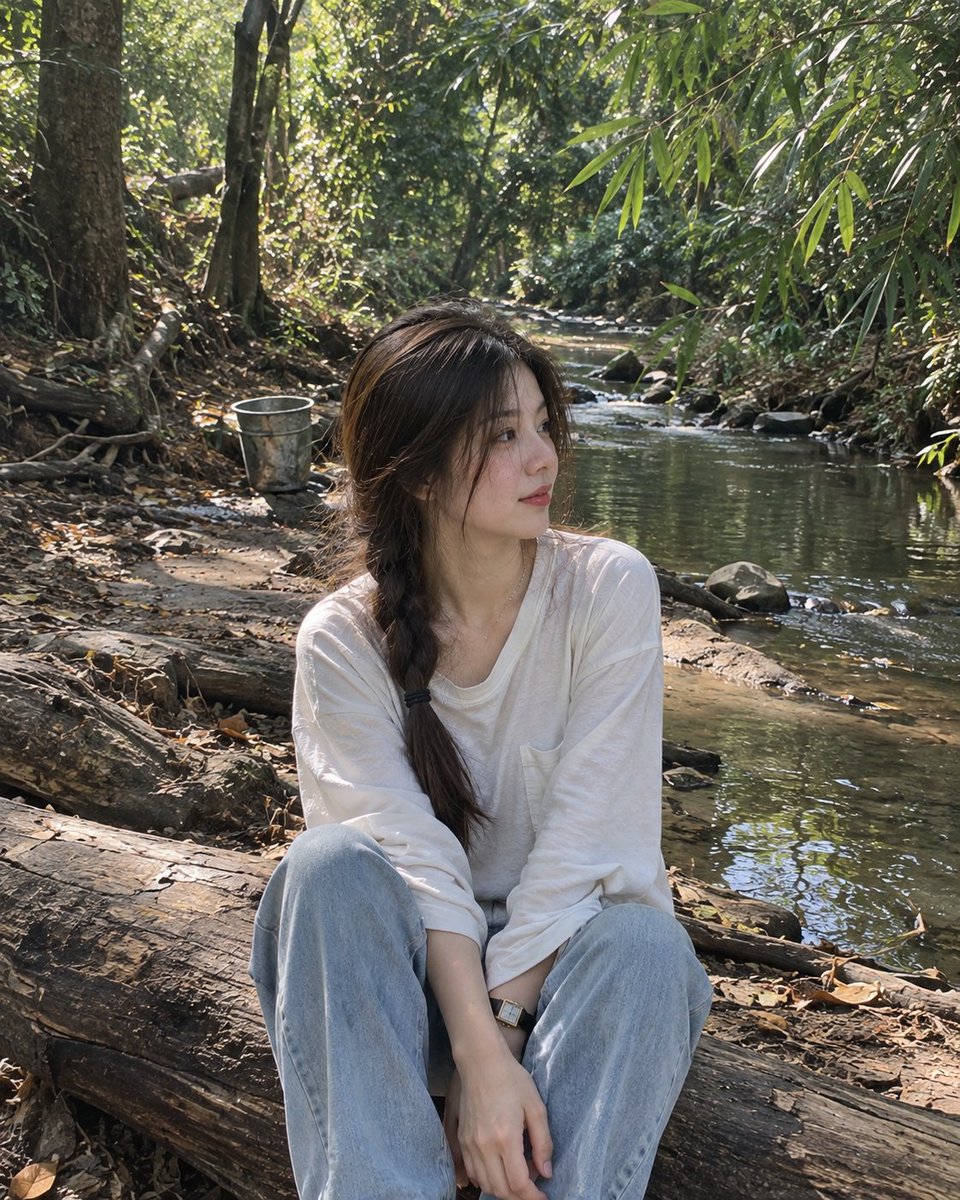 A photorealistic candid portrait of a young woman sitting...