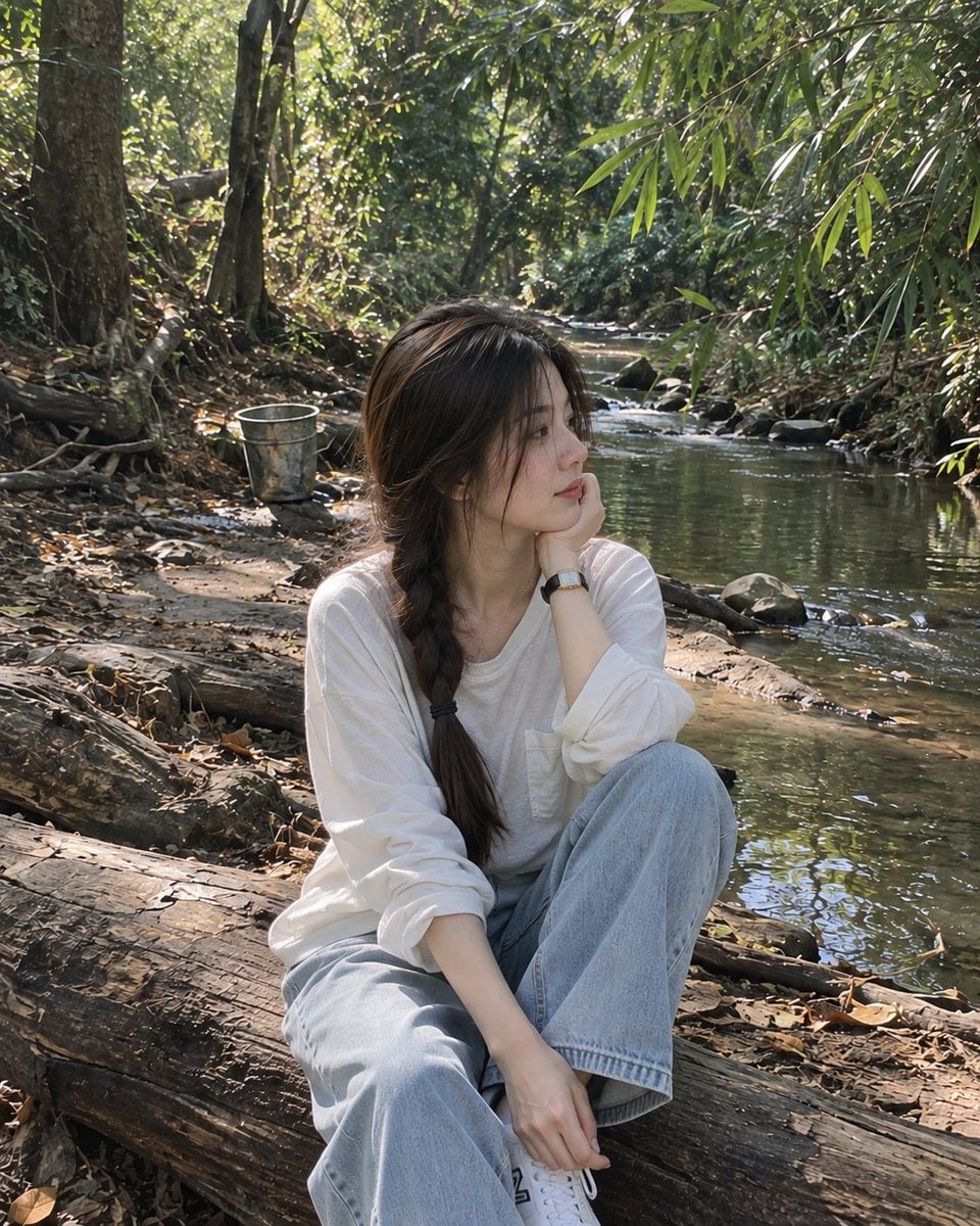 A photorealistic candid portrait of a young woman sitting... - alternate