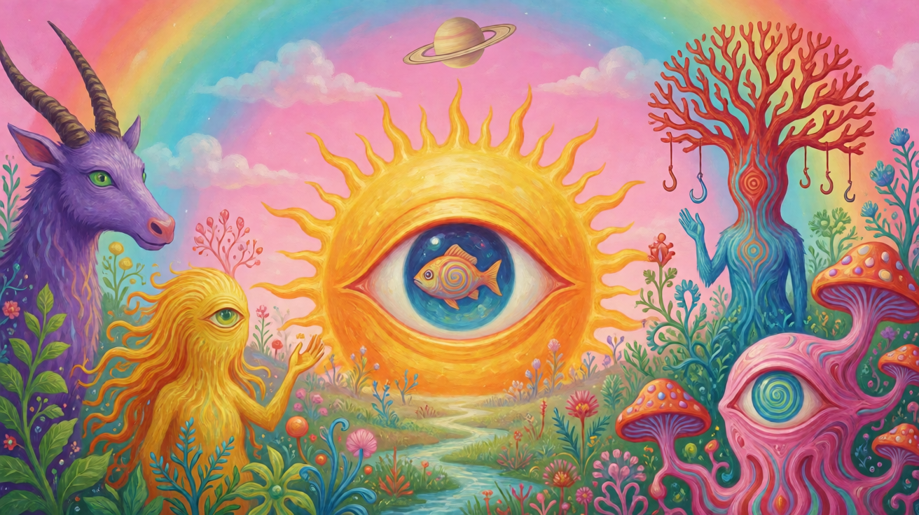 超现实主义数字插画，鲜艳迷幻色彩，梦幻奇幻景观，中央巨大的放射状太阳带有螺旋眼睛和瞳孔内漂浮的鱼，粉青色天空带彩虹...