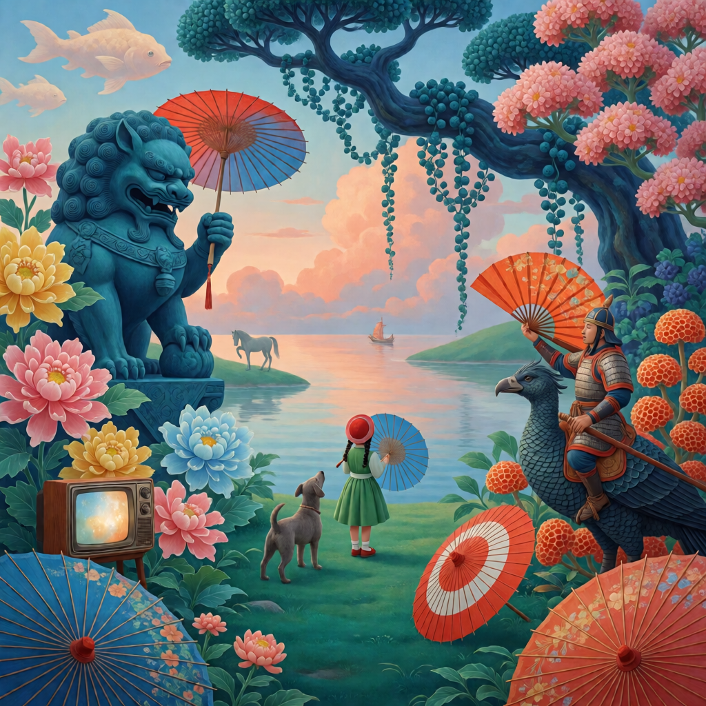 超现实奇幻数字绘画，东方灵感梦幻景观，广角构图，充满活力的青绿色和珊瑚色配色搭配黄金时刻天空，复杂精致的纹理，哑光...