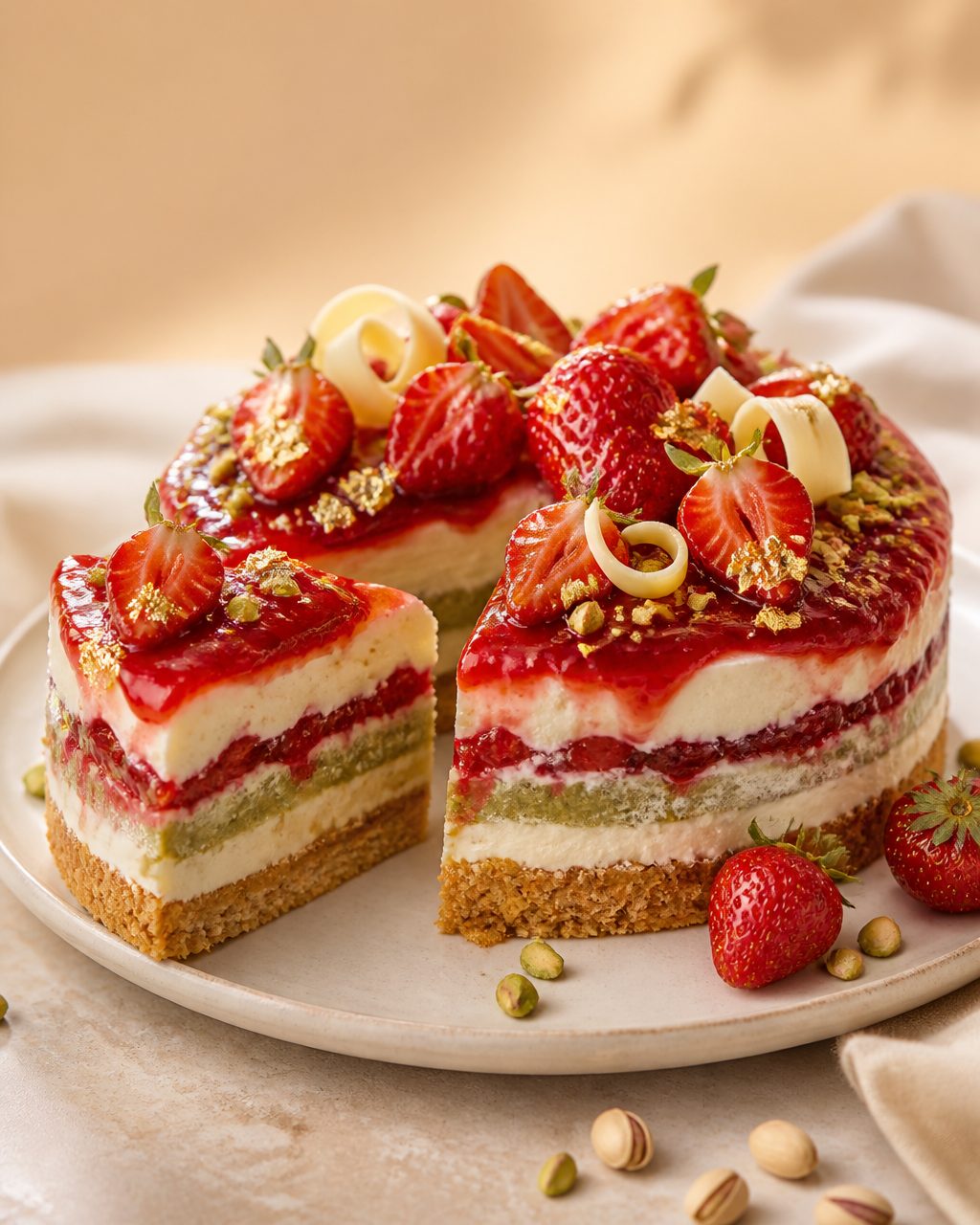 🍓 Prompt: Luxury Strawberry Pistachio CheesecakeMain pro...