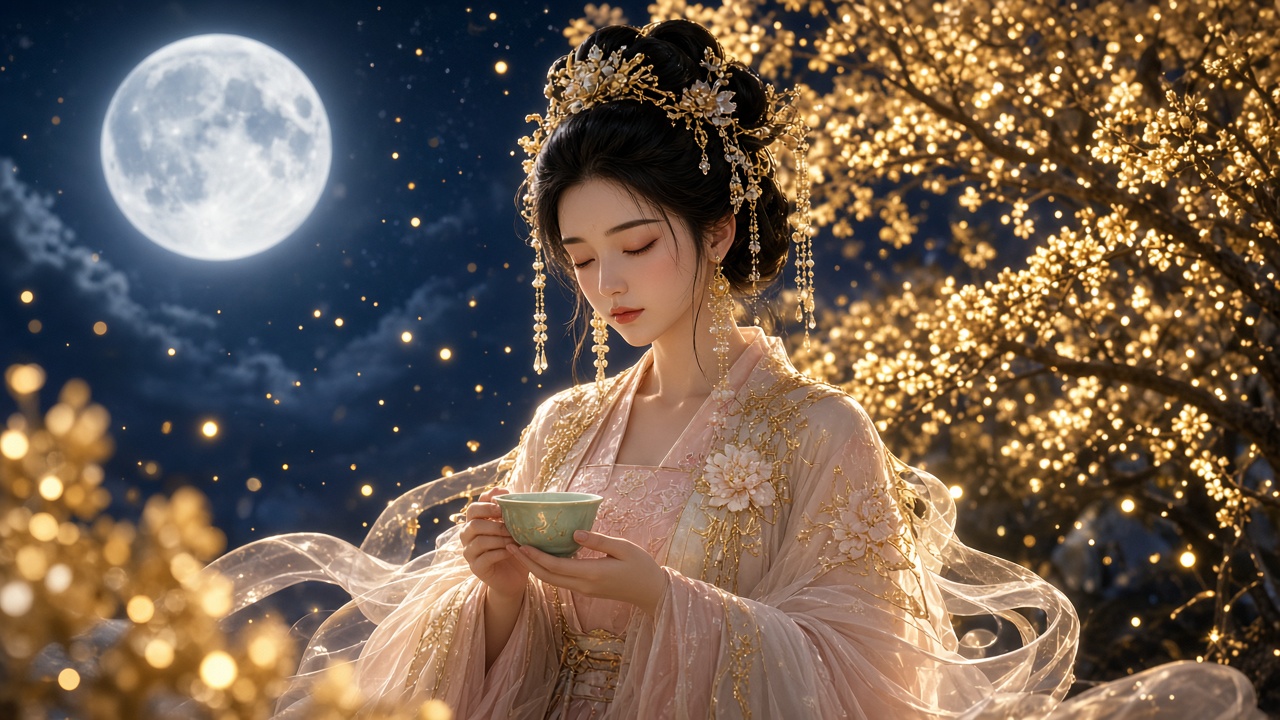 宽屏全景,8K超高清,虚幻引擎5渲染,国风3D古风美少女,精致细腻五官,闭着双眼,神情温婉恬静,乌黑古风高盘发髻,...