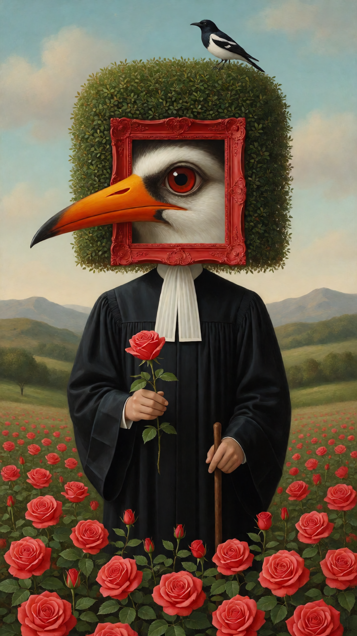 超现实主义油画，风格类似Mark Ryden和René Magritte，中心人物为无面男子身穿黑色法官长袍配白色...