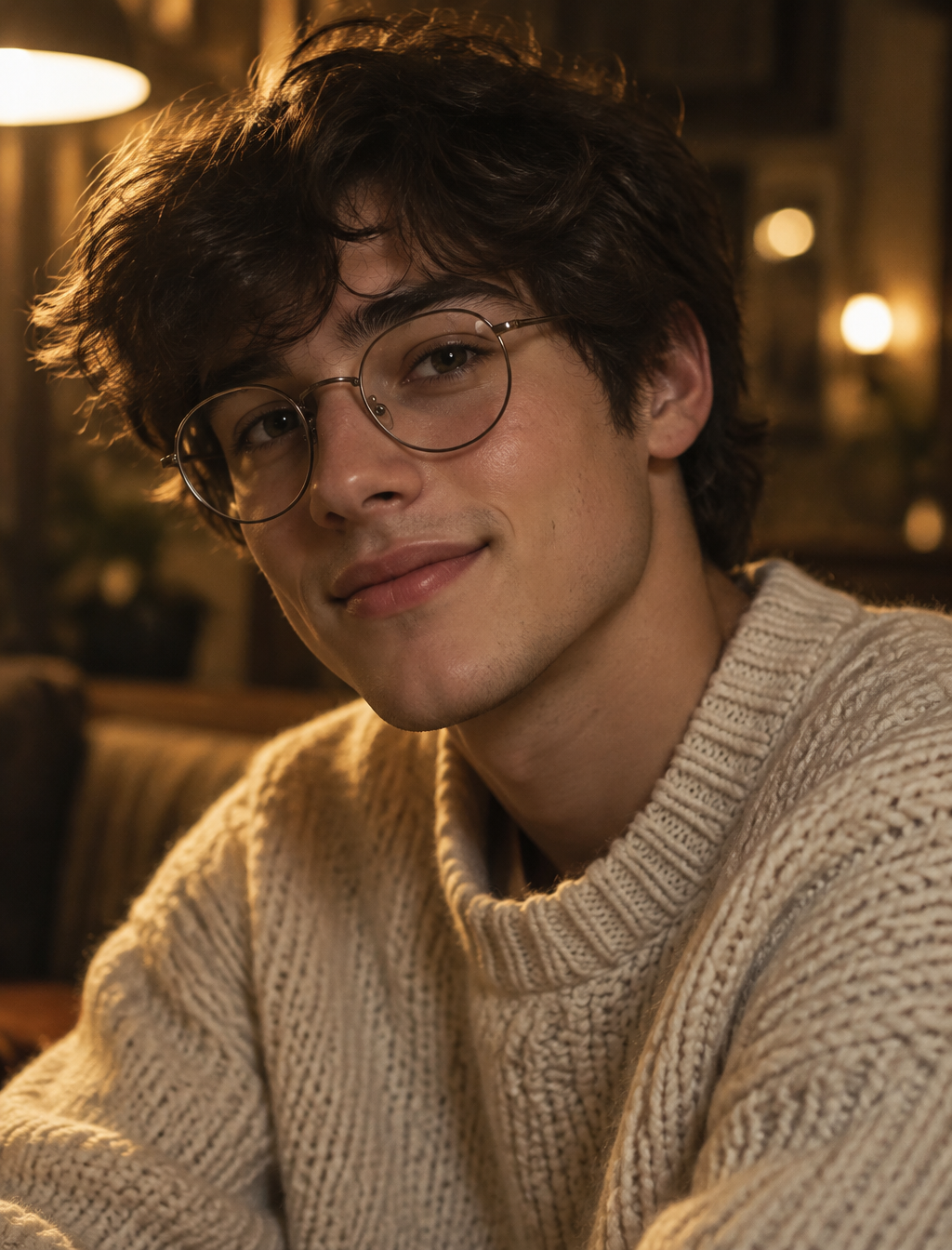 A young person with tousled dark hair and round wire-fram...