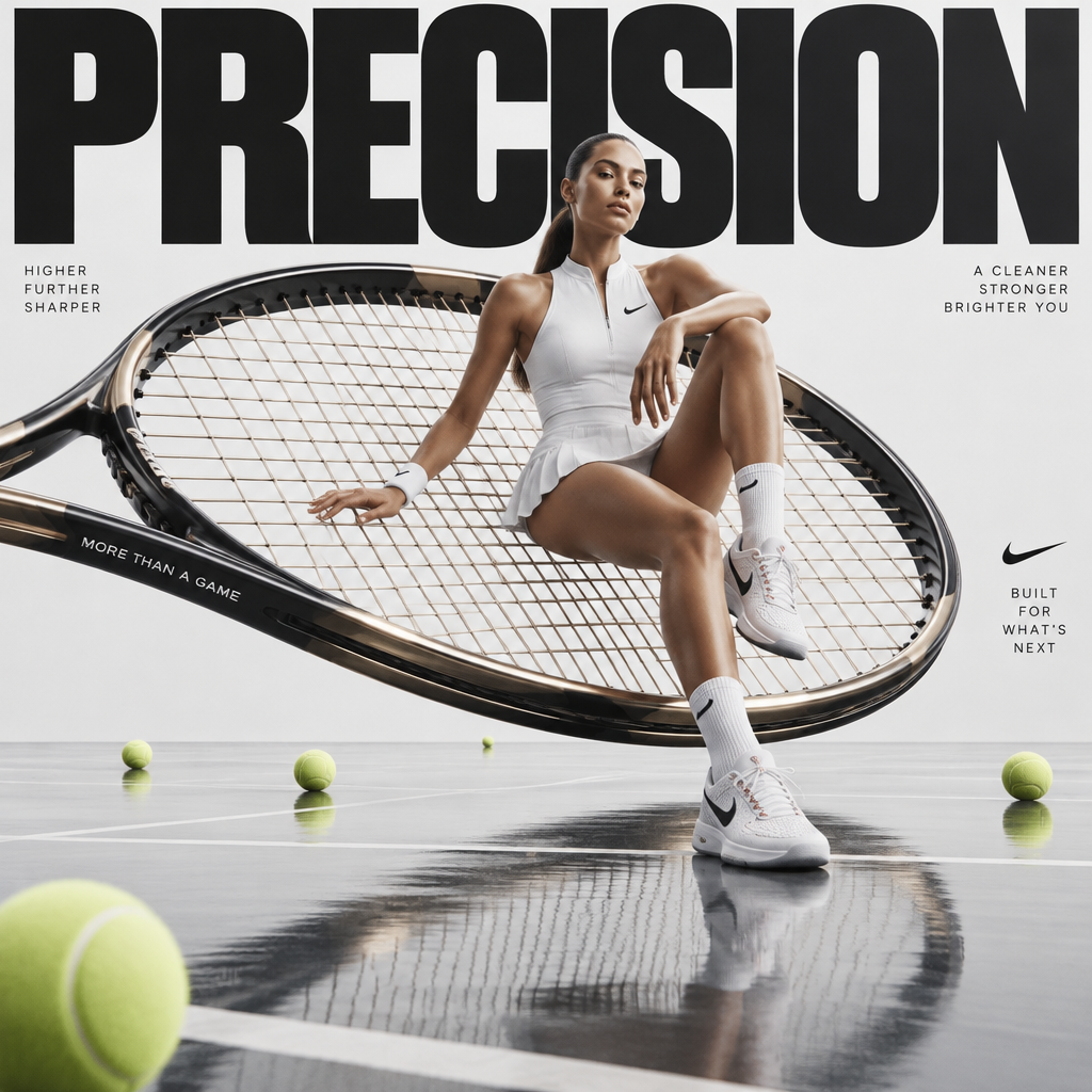 Avant-garde sports fashion advertisement, oversized tenni...