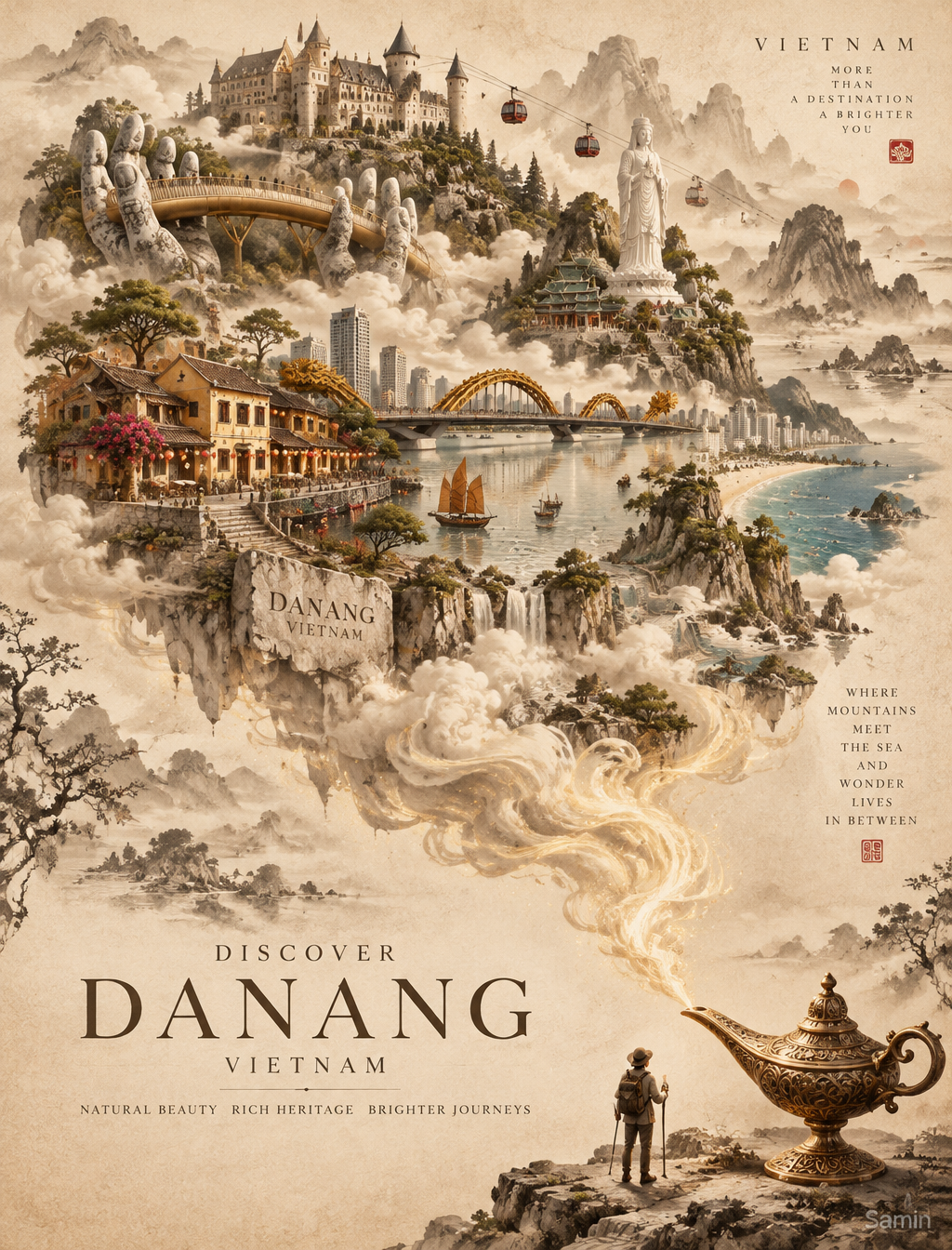 Create an elegant, premium travel poster featuring a magi...