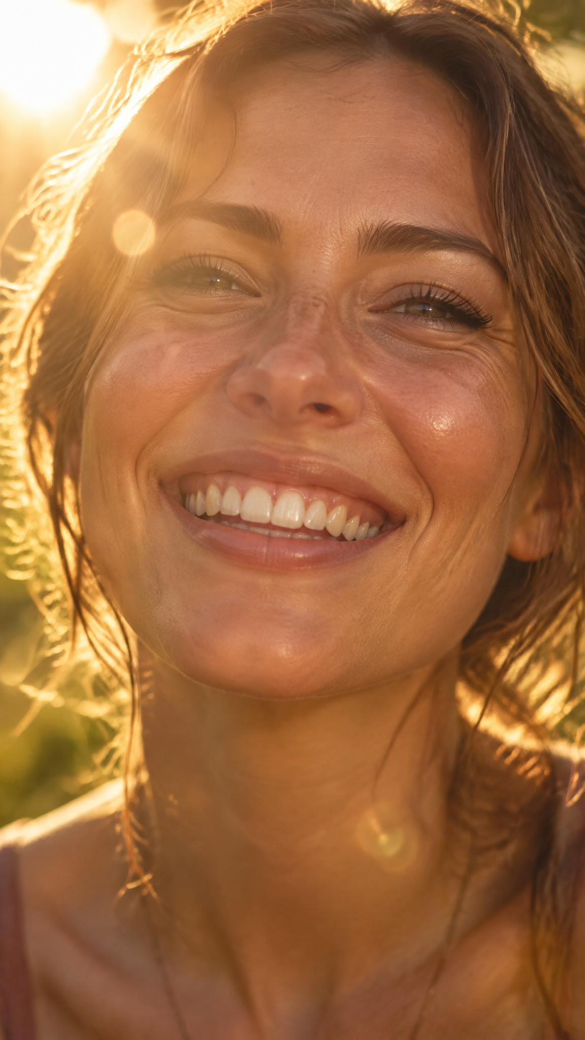 A joyful woman fills the frame in an intimate extreme clo...