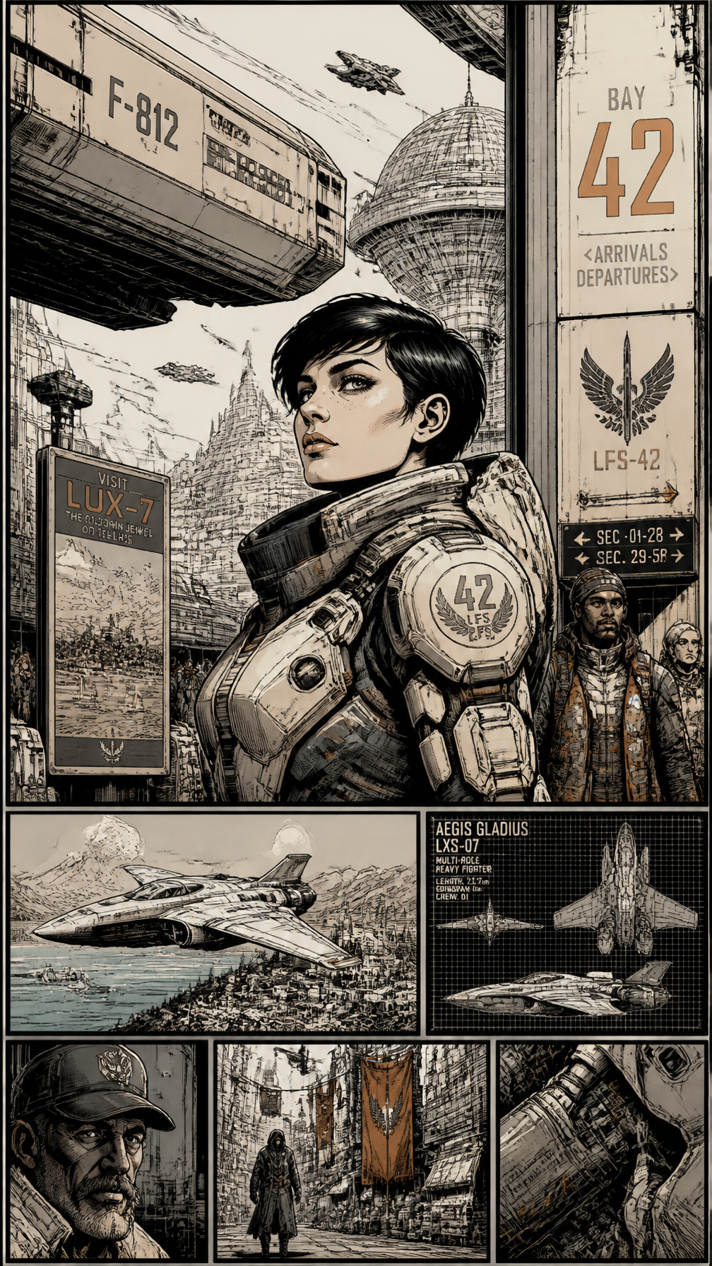 Highly detailed hand-drawn comic-book illustration combin...