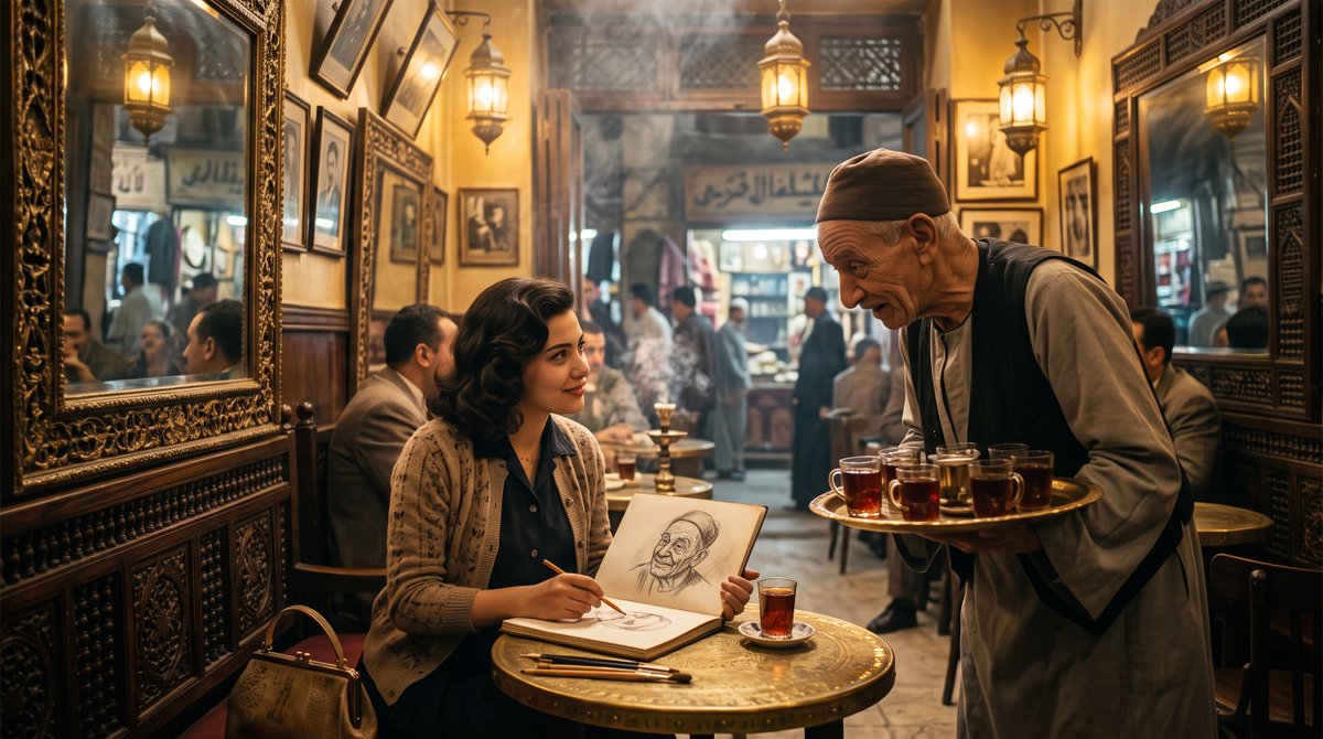 El Fishawy café, Khan el-Khalili, Cairo, 1950, night. A y...