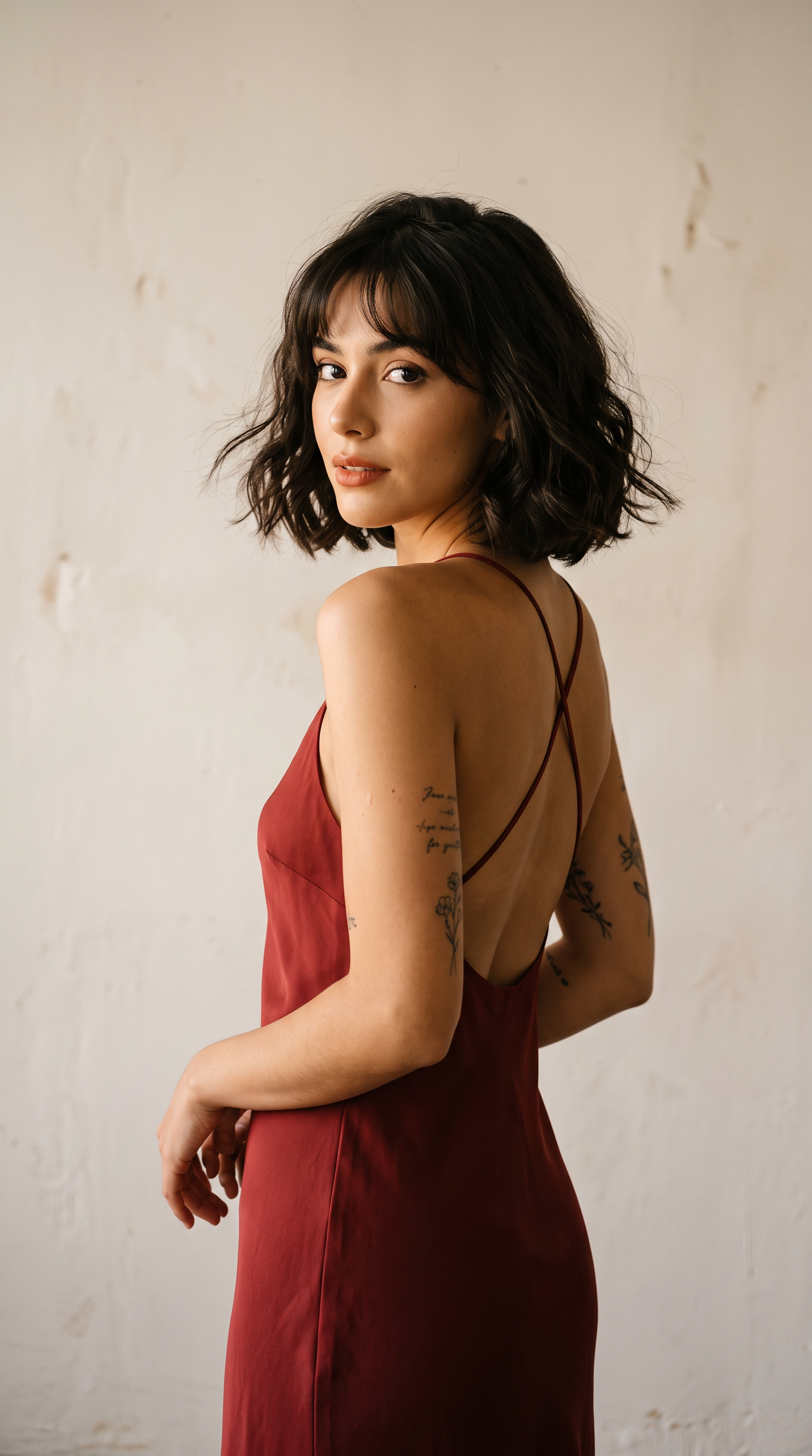 A cinematic, editorial portrait of a young woman looking ...
