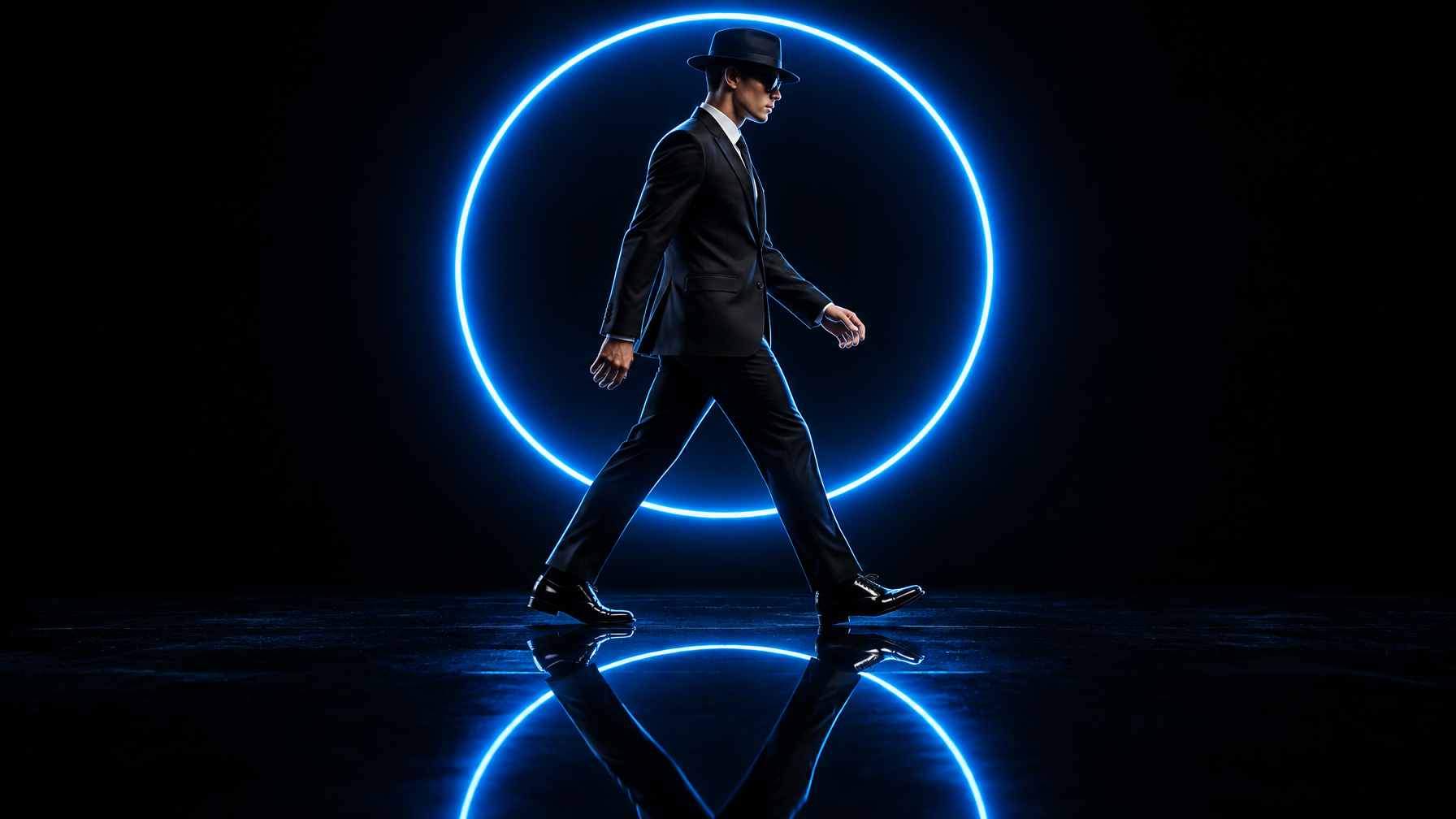 A sharply dressed male performer strides in profile acros...