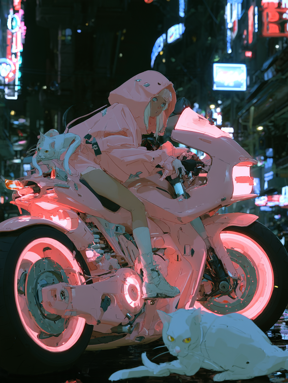 girl, cat and motorcycle,Neon Cyberpunk - alternate