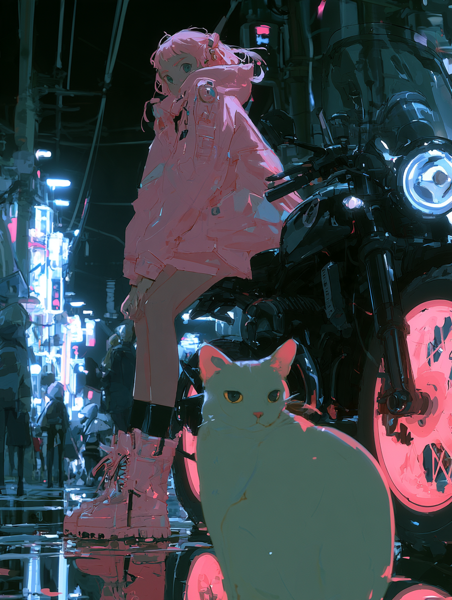 girl, cat and motorcycle,Neon Cyberpunk - alternate