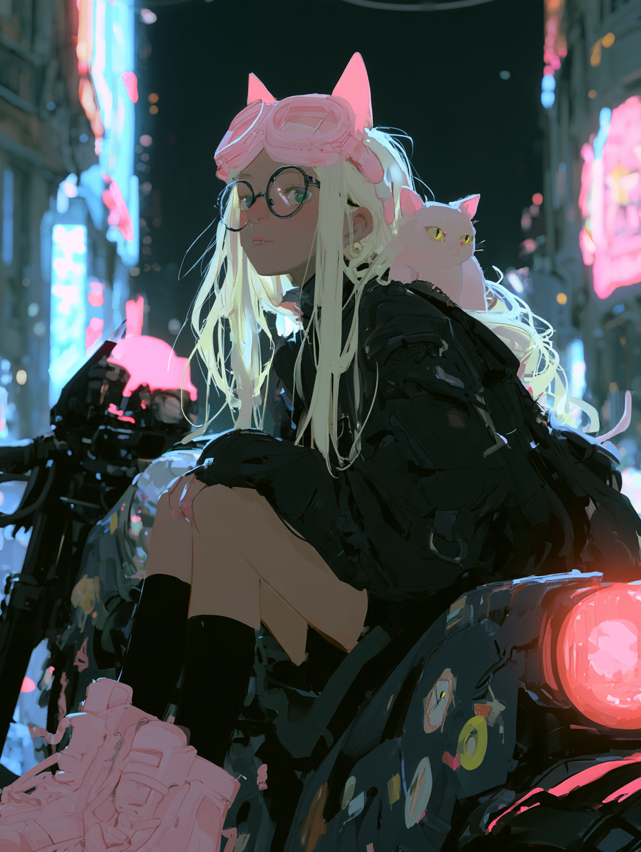 girl, cat and motorcycle,Neon Cyberpunk - alternate