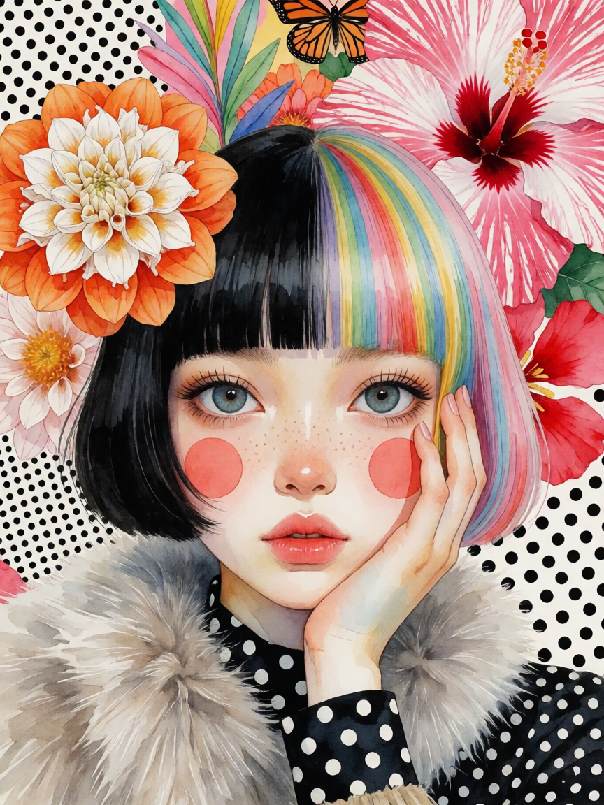 超精细数字绘画少女肖像,正面脸部特写构图,大而有表现力的蓝灰色眼睛带长睫毛直视观众,苍白的皮肤上鼻梁和脸颊可见雀斑...