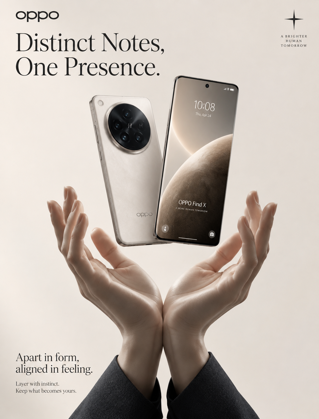 戛纳级奢侈广告海报,为 OPPO 设计。产品主导型编辑静物大片,融合雕塑氛围、藏家级材质精度与策展人式极简克制。竖...