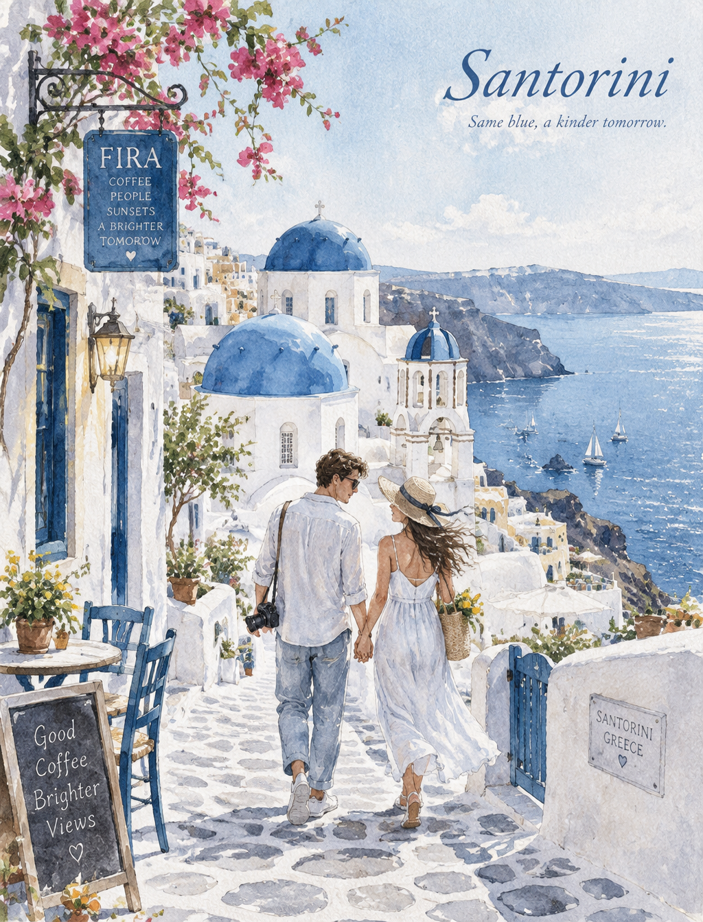 Create a 3:4 vertical watercolor urban sketch travel post...
