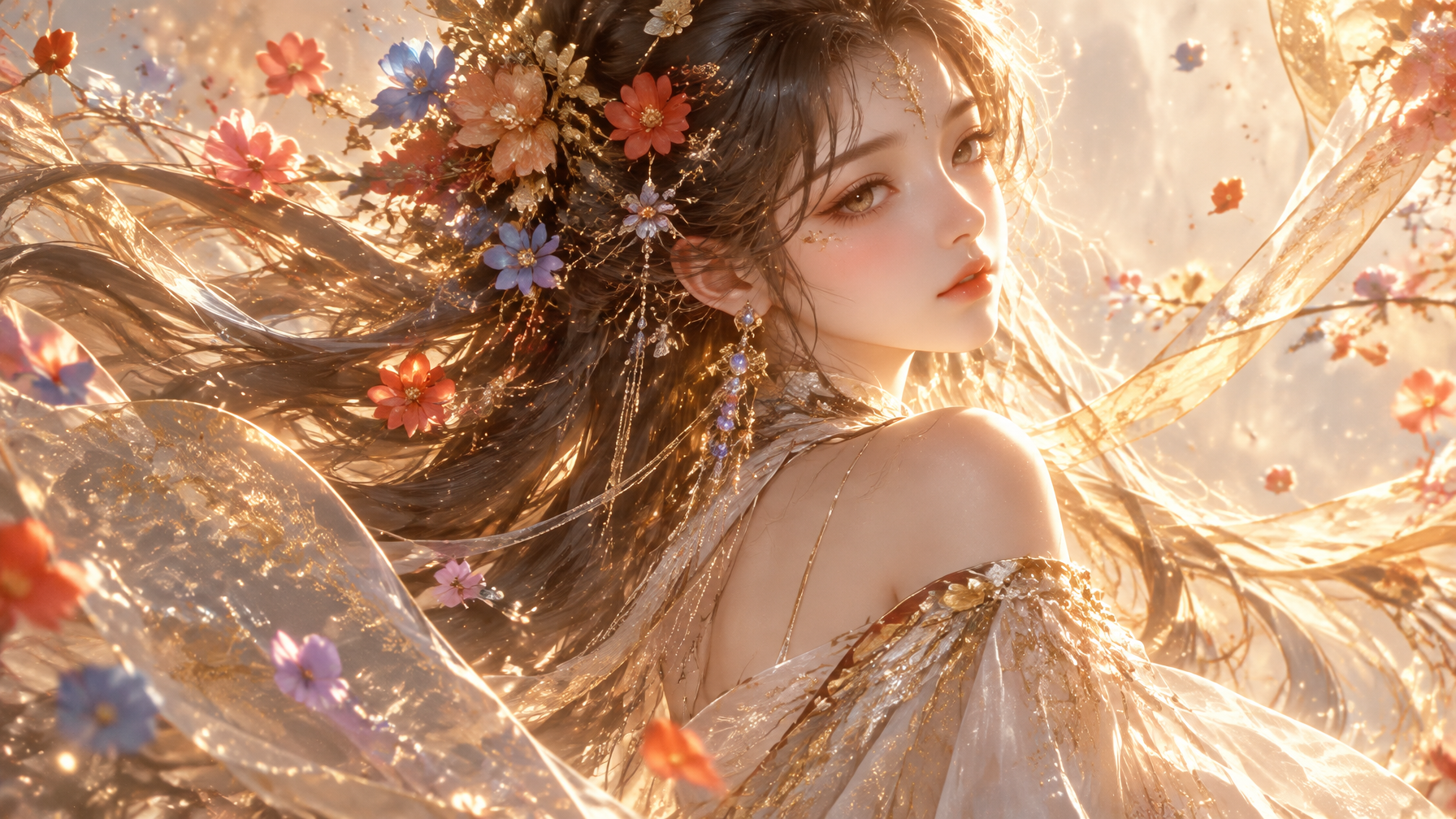 东方幻想风格女性，半身肖像，回眸侧脸，气质空灵优雅，柔和神性美感，细腻五官，微垂眼神，冷白细腻肌肤，淡雅橘粉妆容，...