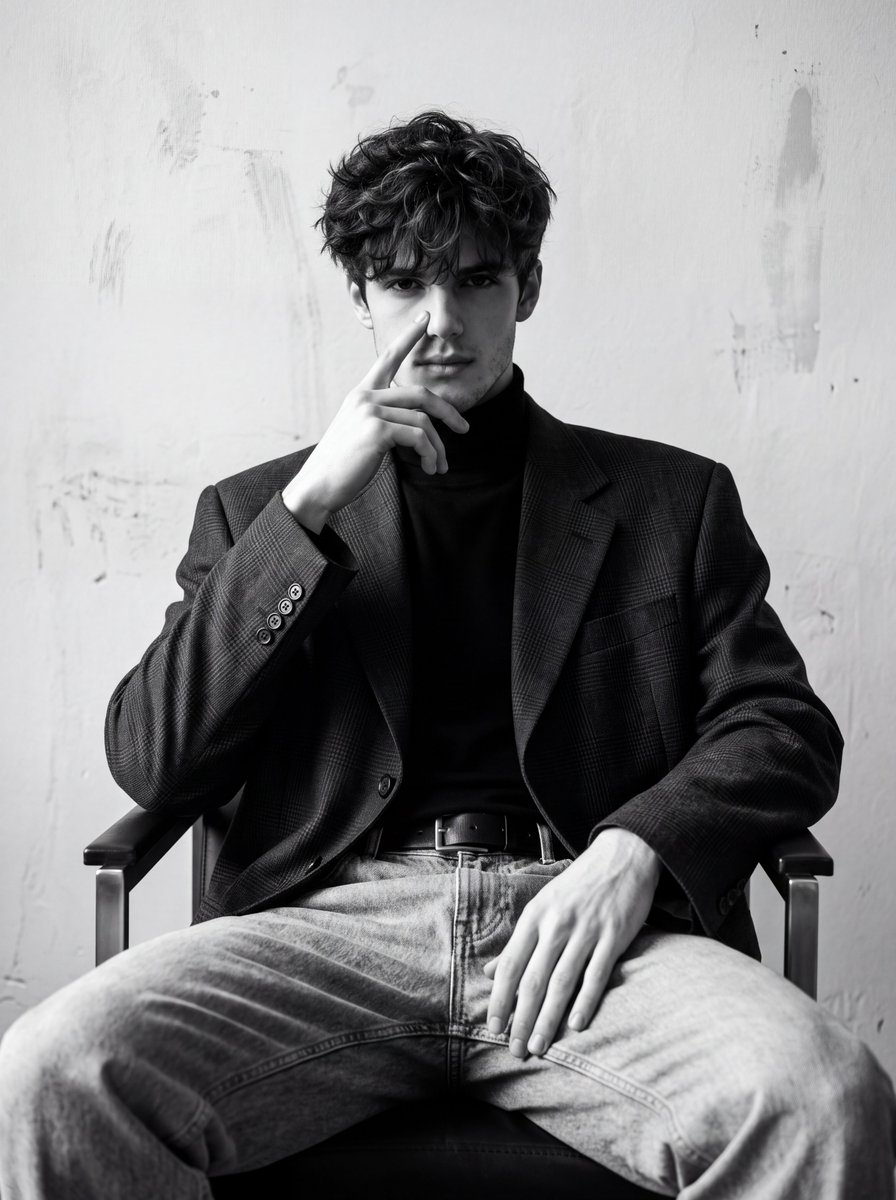 Create an ultra-realistic black-and-white editorial fashi...