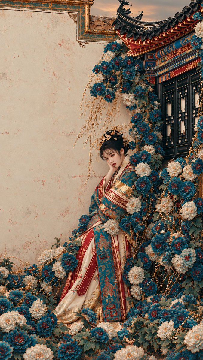 An exquisitely beautiful young Chinese noblewoman resting...