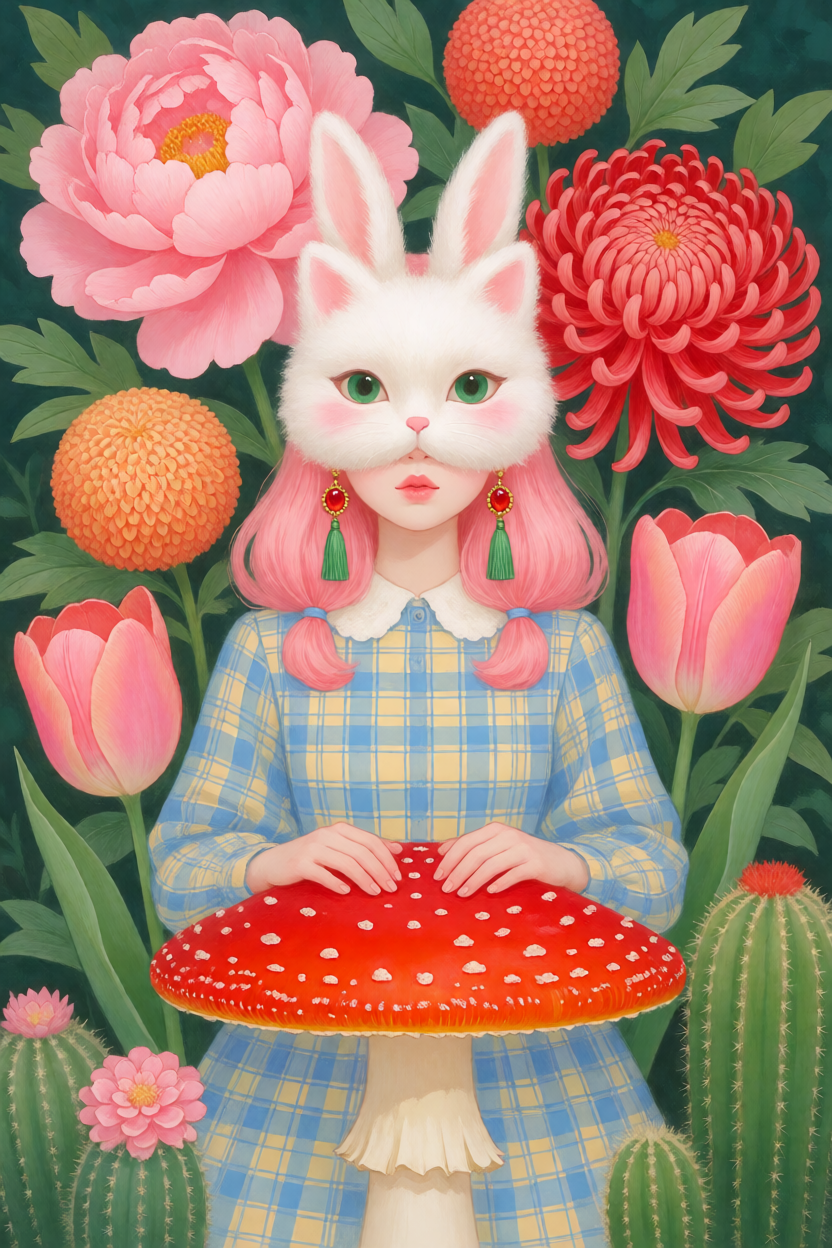 超现实奇幻插画，1girl，粉色头发，白色兔耳朵，戴着毛茸茸的白色猫头面具（绿眼睛、粉红腮红），身穿蓝黄格纹连衣裙...