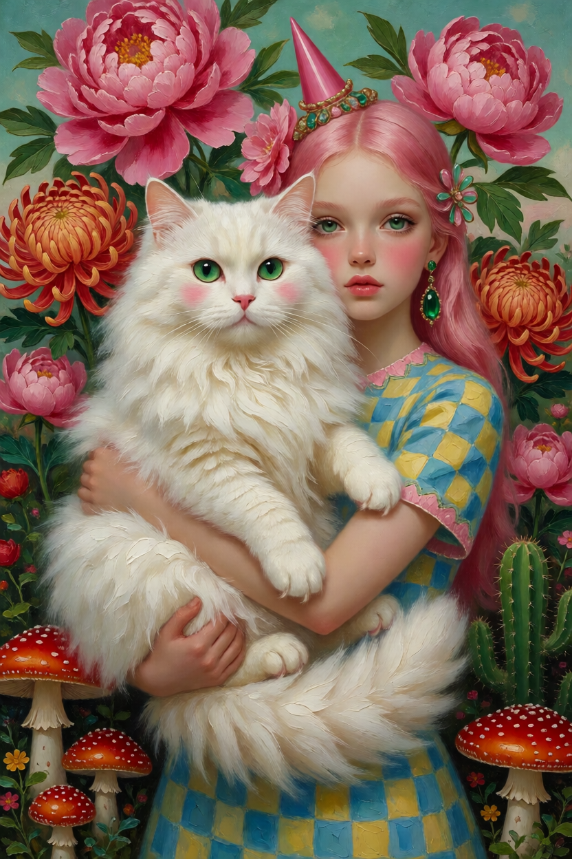 超现实奇幻油画风,竖版构图,粉发少女怀抱一只巨大的雪白长毛猫,少女拥有精致冷艳的面容、红润腮红、碧绿色眼睛,头戴粉...