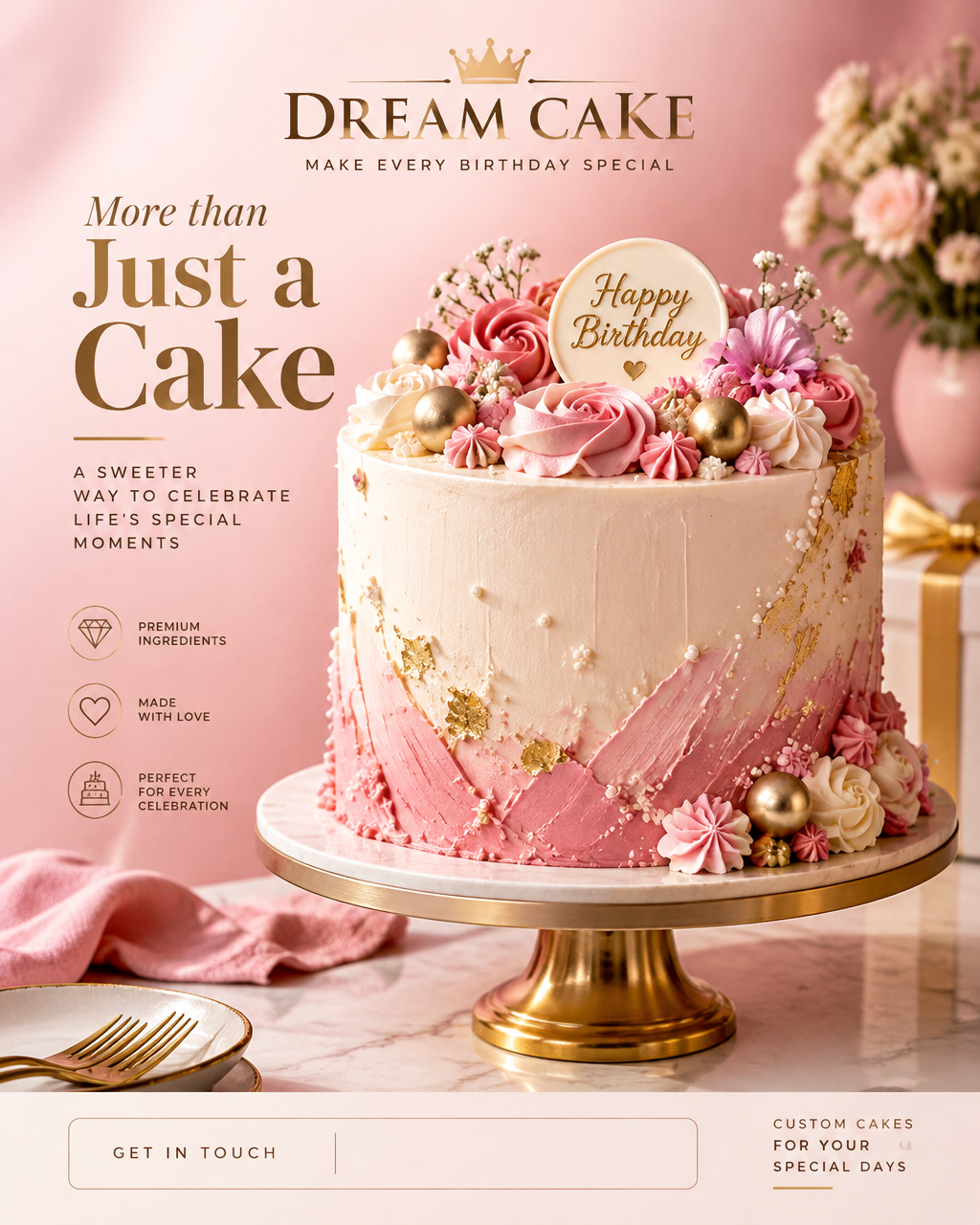 Create a premium birthday cake advertisement for a profes...