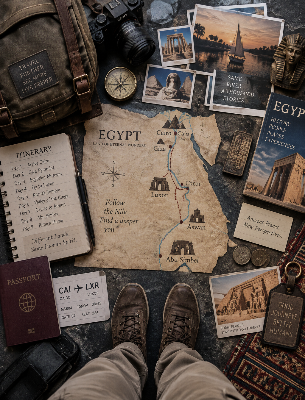 Create an ultra-premium top-down travel planning poster f...
