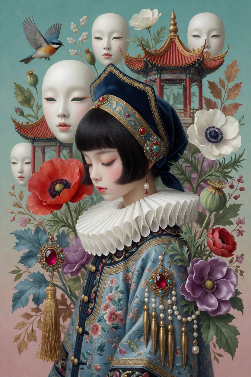 超现实奇幻肖像插画，1女孩，独奏，侧视图，向下看，闭眼，安详表情，细腻瓷质肌肤带柔和粉红腮红和鼻影，黑色短波波头带...