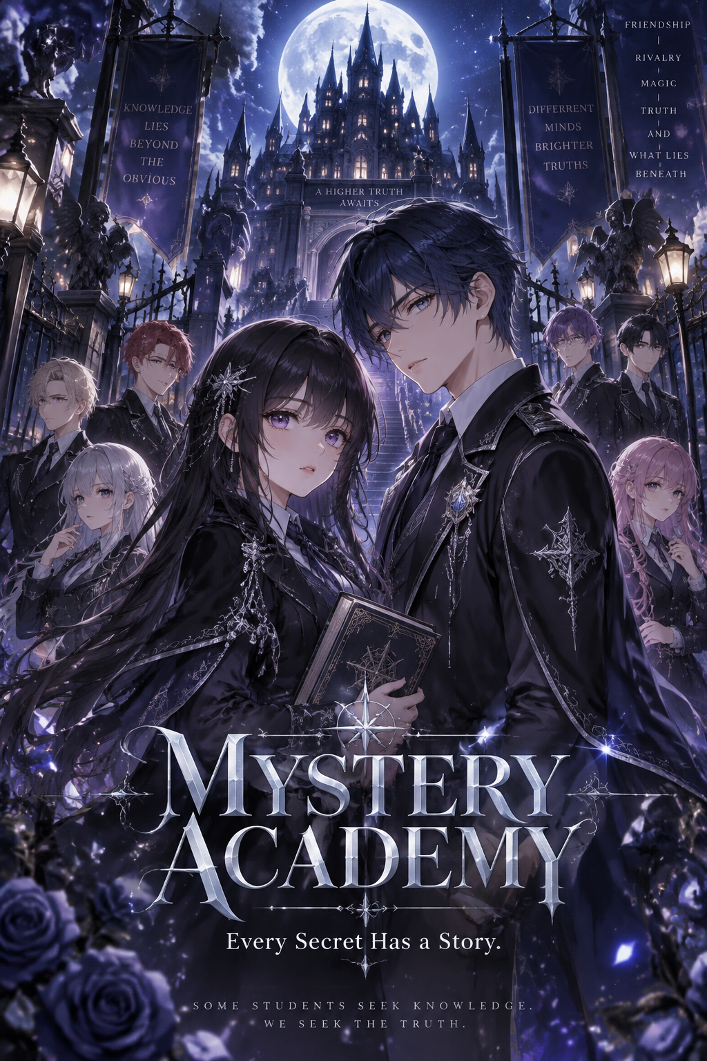 Mystery Academy, a beautiful anime girl with long black h...