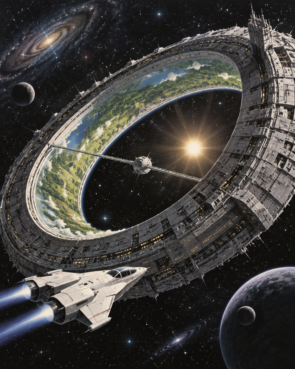 A vintage sci-fi painting of amassive ring-shaped spacest...