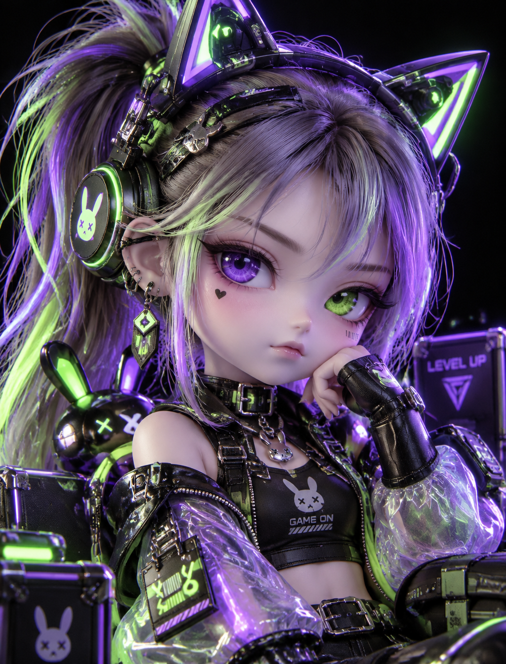 【风格骨架】高细节3D渲染｜半身肖像｜电竞潮玩盲盒风｜C4D/Blender美学｜金属+霓虹材质｜电光紫+荧光绿撞...