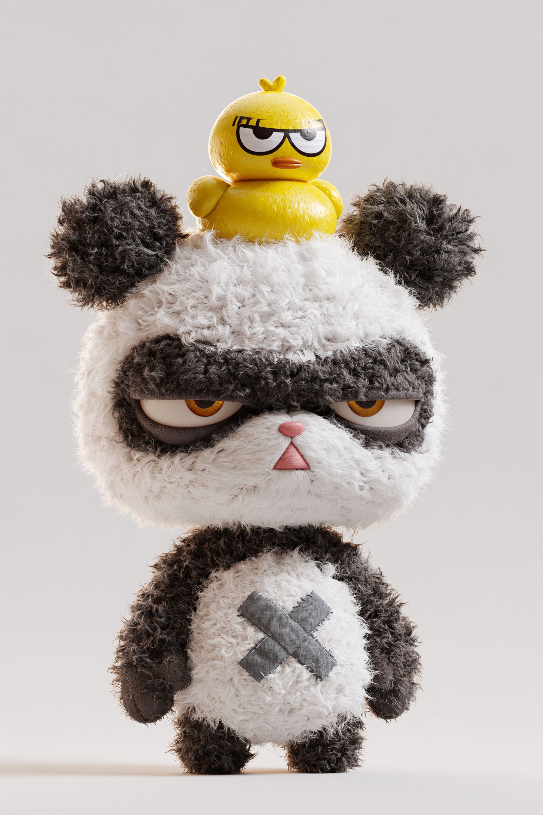 a minimalist 3d rendering of a plush panda character stan...