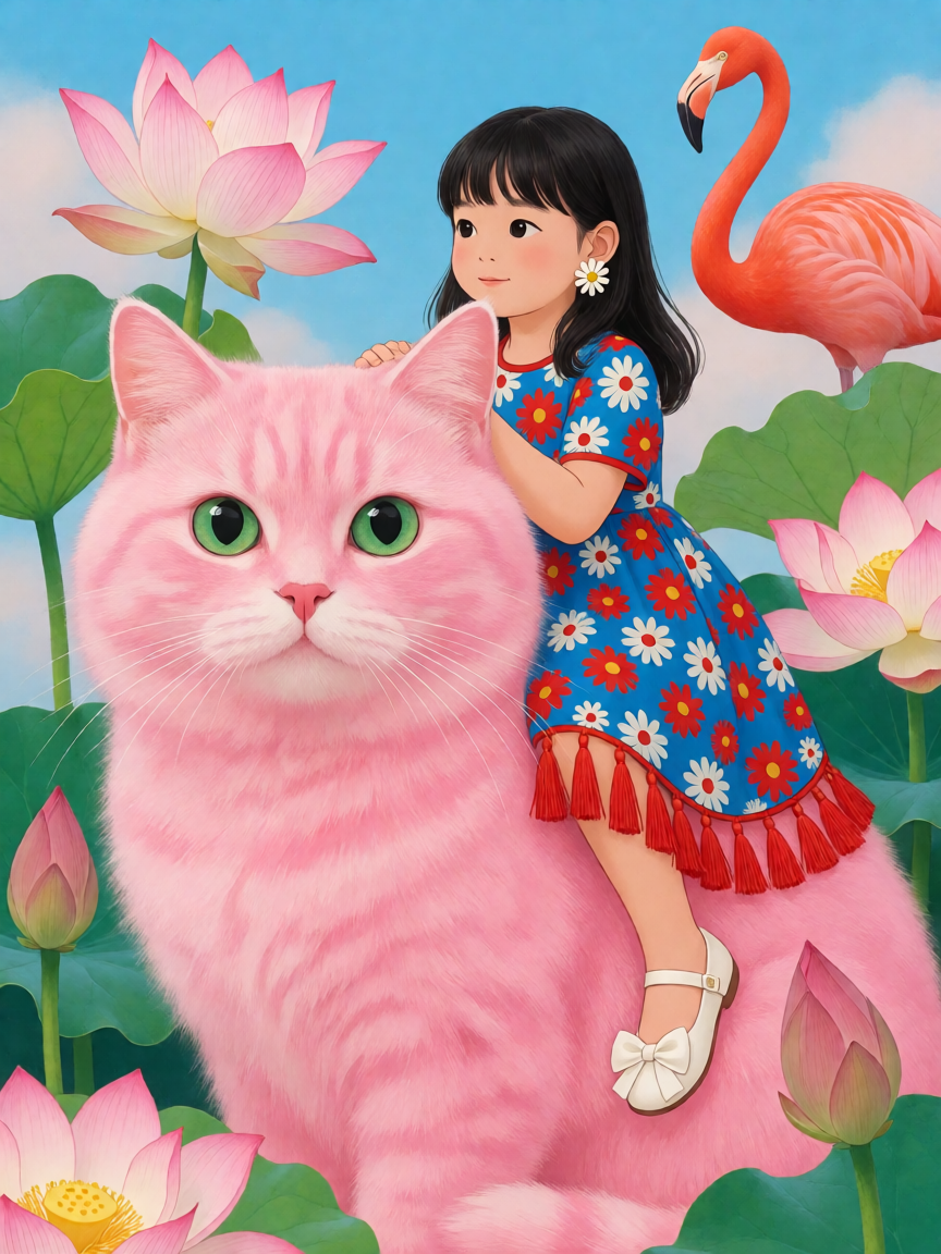奇幻数字插画,前景巨大的蓬松粉色猫咪带绿眼睛和粉鼻子,黑发年轻女孩坐在猫背上,身穿蓝底红白雏菊印花连衣裙,裙摆红色...